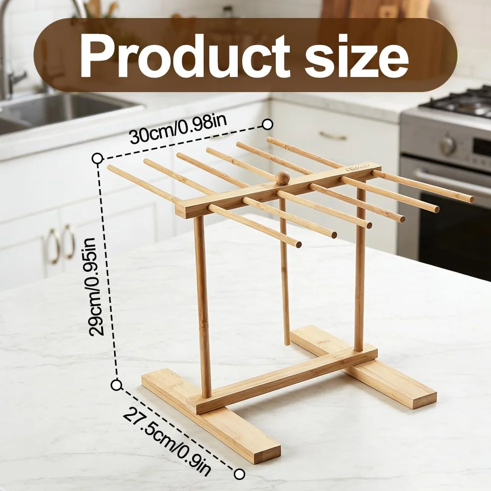 FARYODI Soporte para pasta de madera, secador de pasta con 12 varillas, soporte para pasta de secado, estante reutilizable para pasta, secador de pasta plegable de madera con barra de transferencia