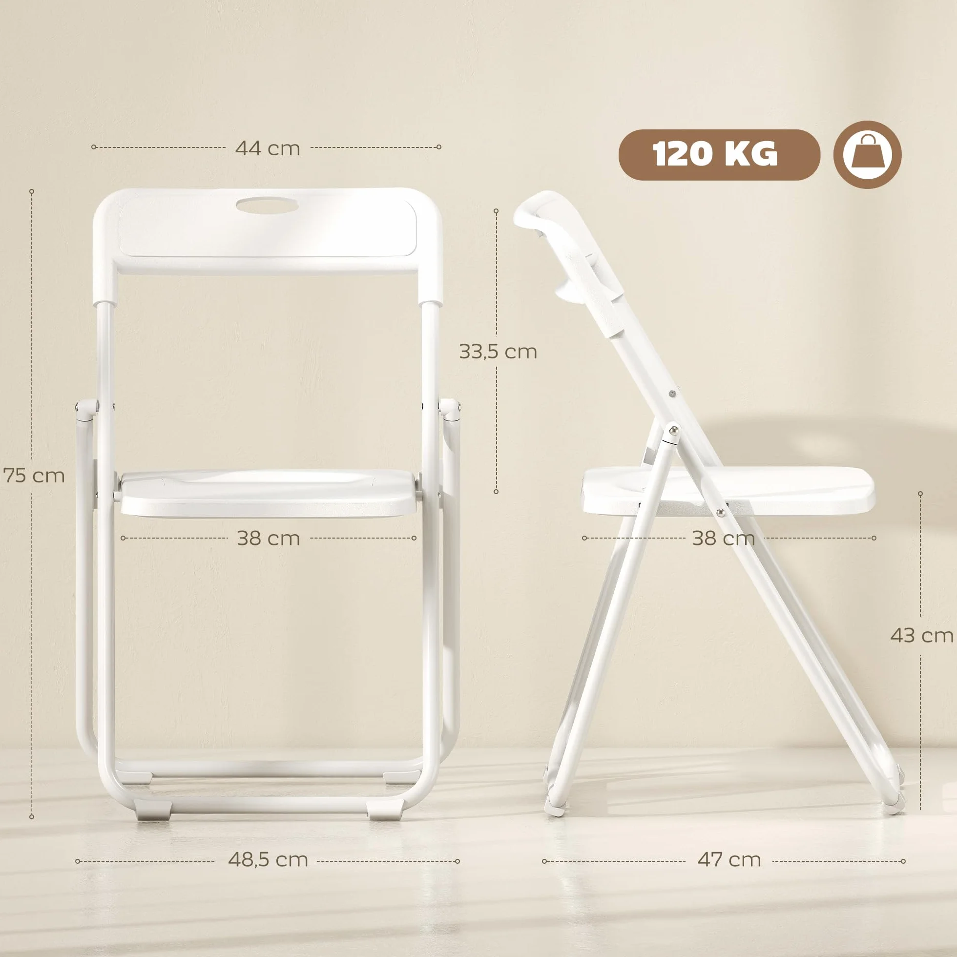 HOMCOM Juego de 6 Sillas Plegables de Plástico, Estructura de Acero, Sillas de Comedor con Respaldo Curvo, Asiento Cóncavo, para Espacios Pequeños, Salón, Oficina, Cocina, Blanco