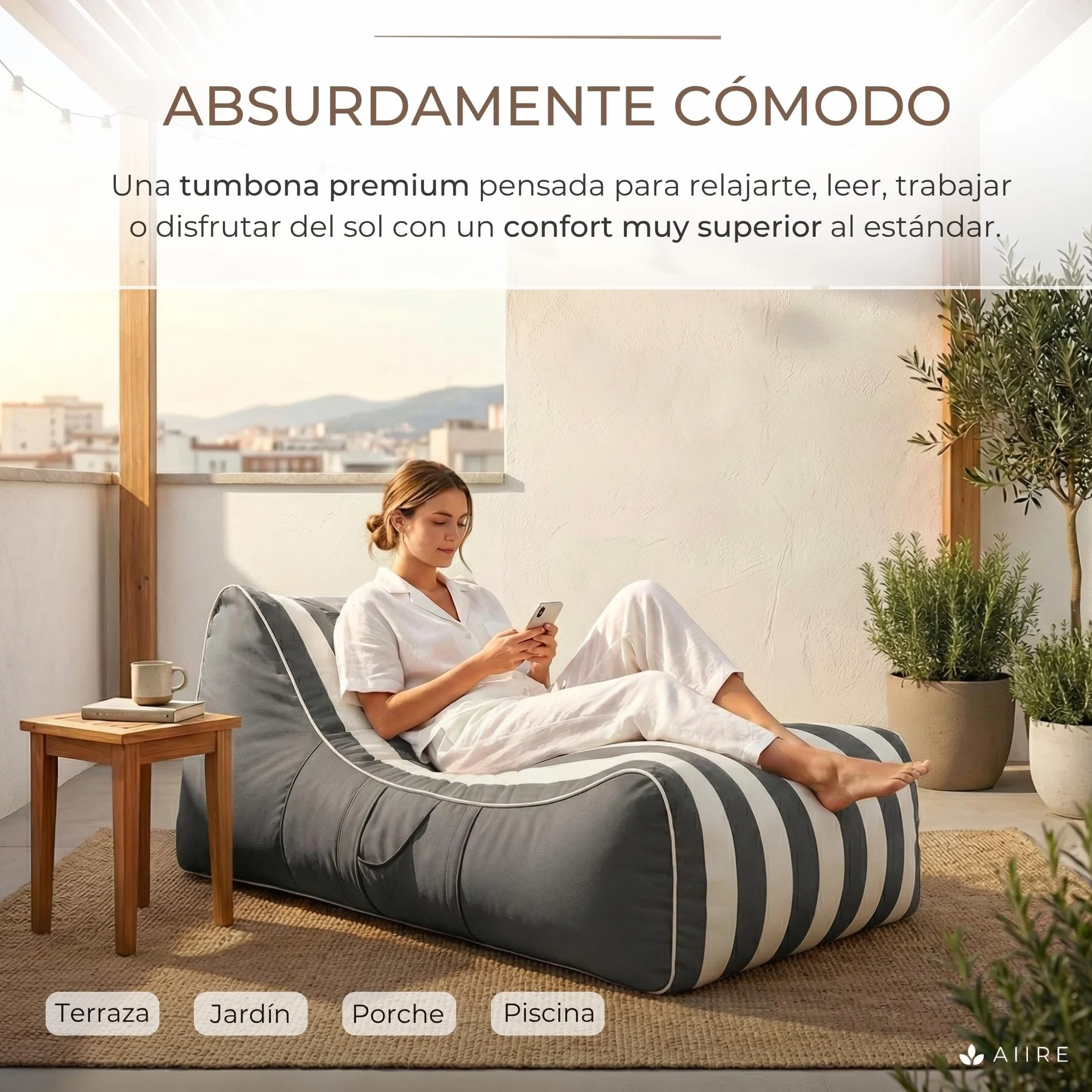 Aiire Puff Exterior Jardín con Relleno Incluido - Puf en Olefina Premium, Desenfundable y Lavable - Bean Bag Chair para Terraza, Piscina y Porche - Tumbona Lounge XXL Exterior Gris