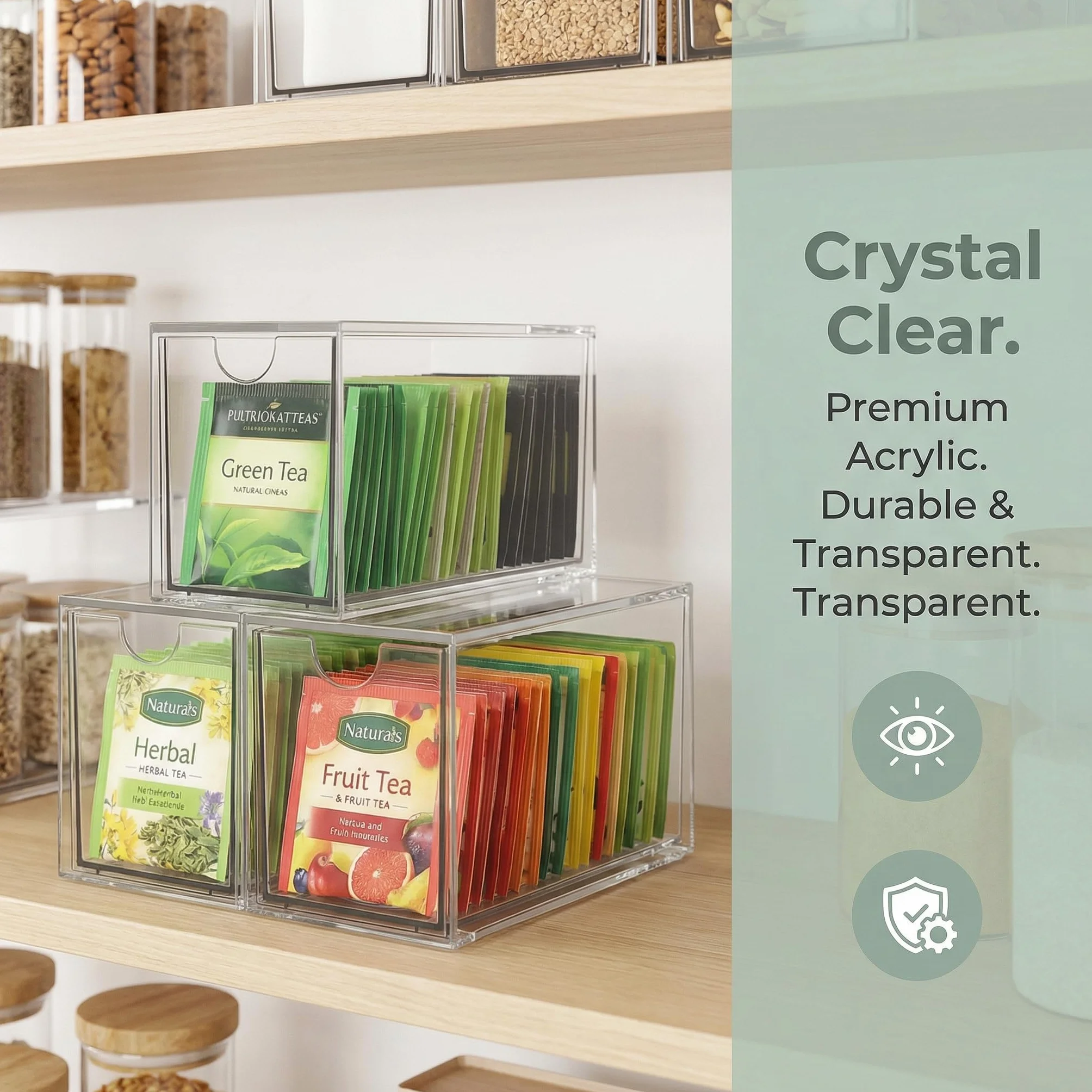 Organizadores de Bolsas de Té, Caja Té con 3 Cajones de Plástico Caja Infusiones Organizador Infusiones de Acrílico Transparente Caja de Te Infusiones para Bolsas de Té, Cápsulas de Café