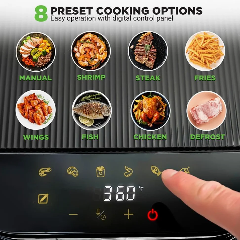 NutriChef Freidora de aire caliente, 5,5 L, sin aceite, 1200 W, color blanco, 8 programas, ventana de visualización, pantalla táctil, baja en grasa, para familias y resultados crujientes
