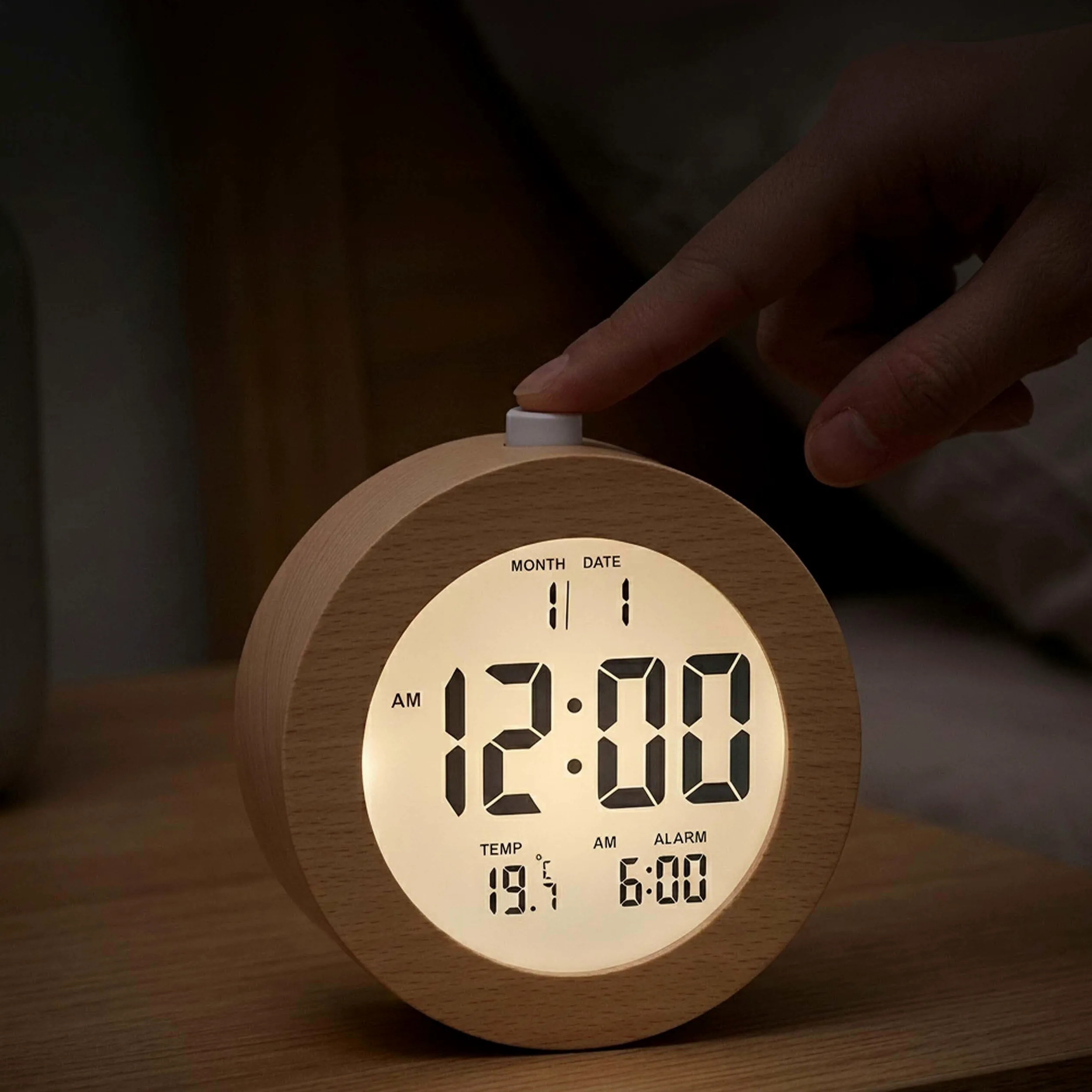 Relaxdays Despertador Digital de Madera con indicador de Fecha y Temperatura, función de repetición, luz, Reloj Despertador Digital Redondo, Color Natural