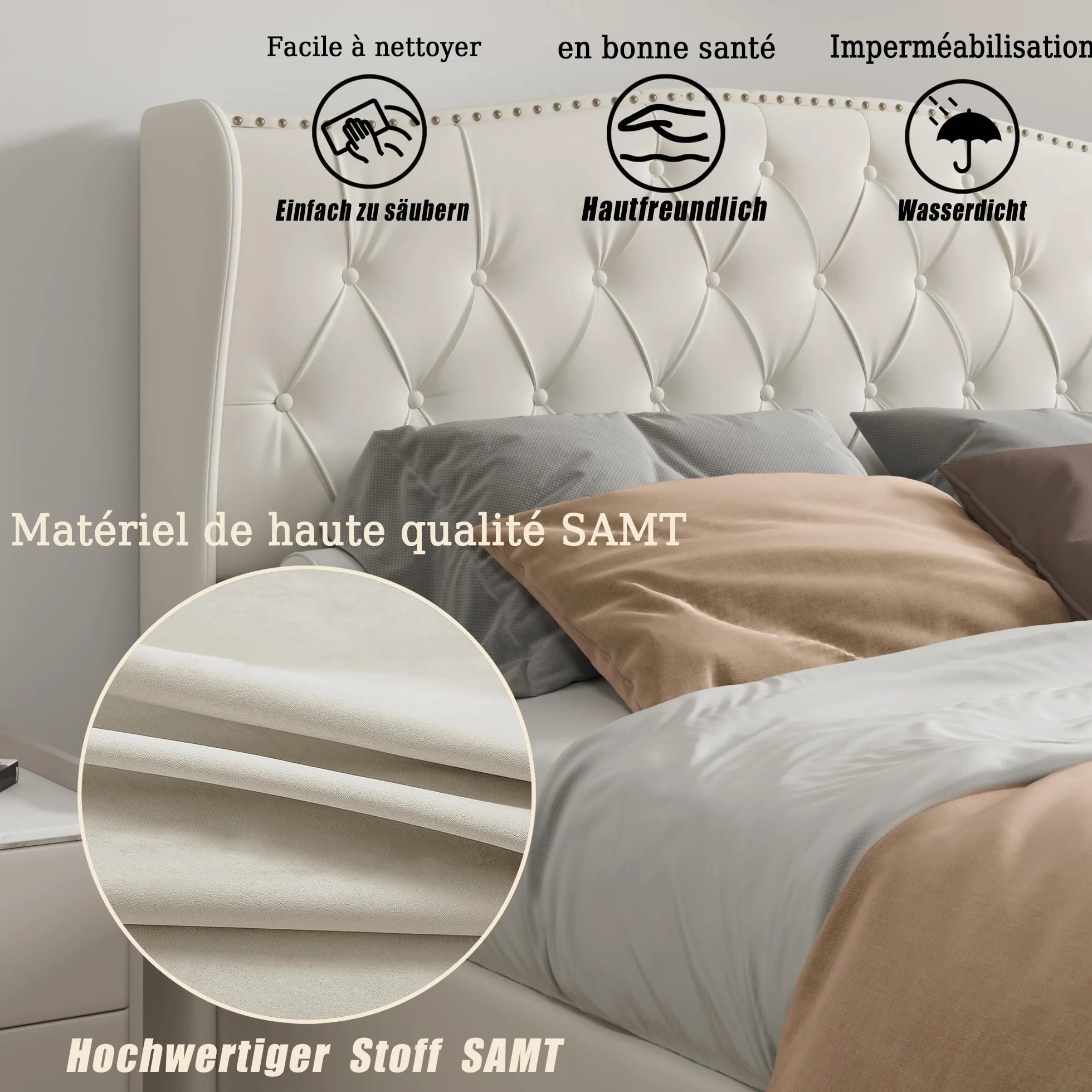 Cama Acolchada de 160 × 200, Cama Doble, Acolchado con Almacenamiento de Cama con somier de tablón, Marco de Cama con Almacenamiento de Maletero (Blanco Roto, Velours-3, 160 × 200
