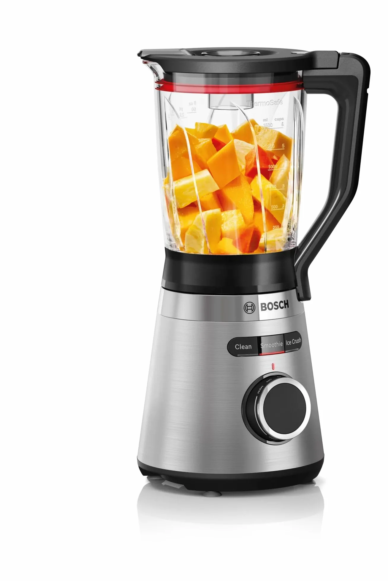 Bosch - Batidora de Vaso VitaPower, 1200 W, 1.5 litros, Jarra de cristal ThermoSafe, Cuchillas EasyClick, Programas Automáticos, Acero y Negro, MMB6382M