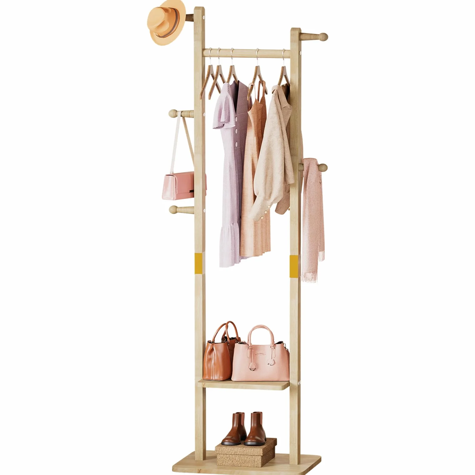 YORBAY Perchero de madera de pie: Burro Ropa con 2 estantes, 5 ganchos y 1 barra, ideal para guardar ropa, sombreros, chaquetas y bolsos, ideal para sala de estar Recibidor Dormitorio