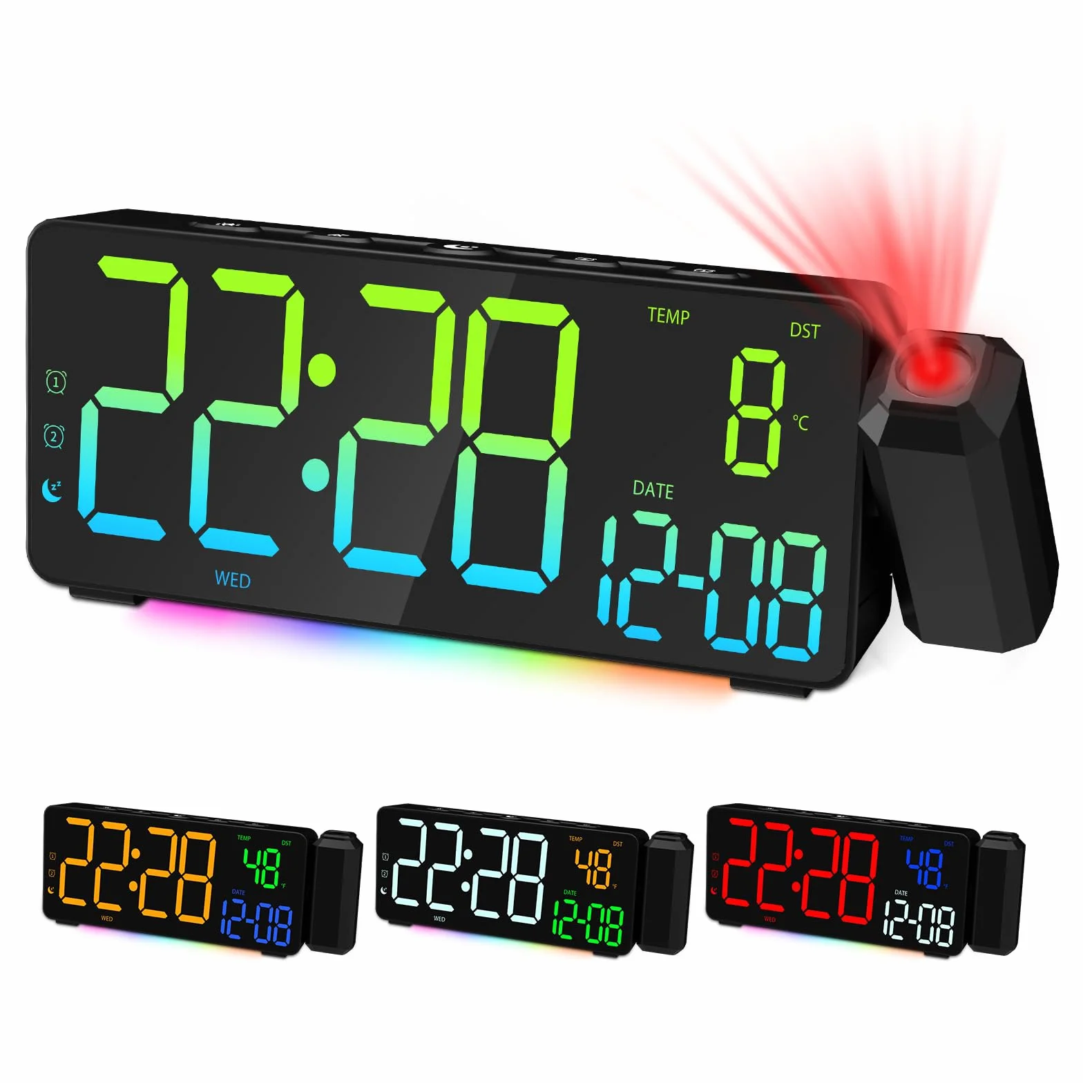 Despertador de Proyección Reloj Digital LED con Proyección para Dormitorio con Gran Pantalla Proyector 180°Cargador Puerto USB 12/24H DST Snooze Iluminación Ambiental RGB 2 Alarma Temperatura Fecha