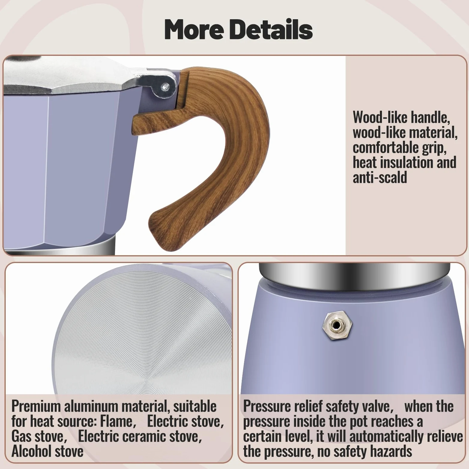 Cafetera moca clásica de aluminio para 3 tazas, 150 ml, cafetera, percoladora, cafetera Mocha Express, cafeteras preferidas para café italiano y cubano, color morado