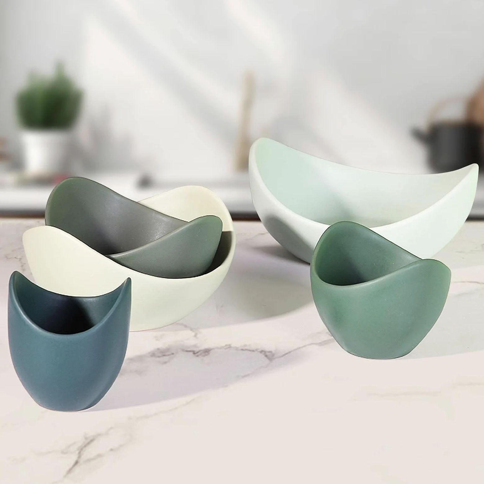 Notakia Gaobei Ensaladeras, 5 paquetes de cuencos de porcelana, cuencos de pasta en forma de loto, cuencos de cerámica únicos para ensalada, ideal para el hogar y el restaurante (verde)