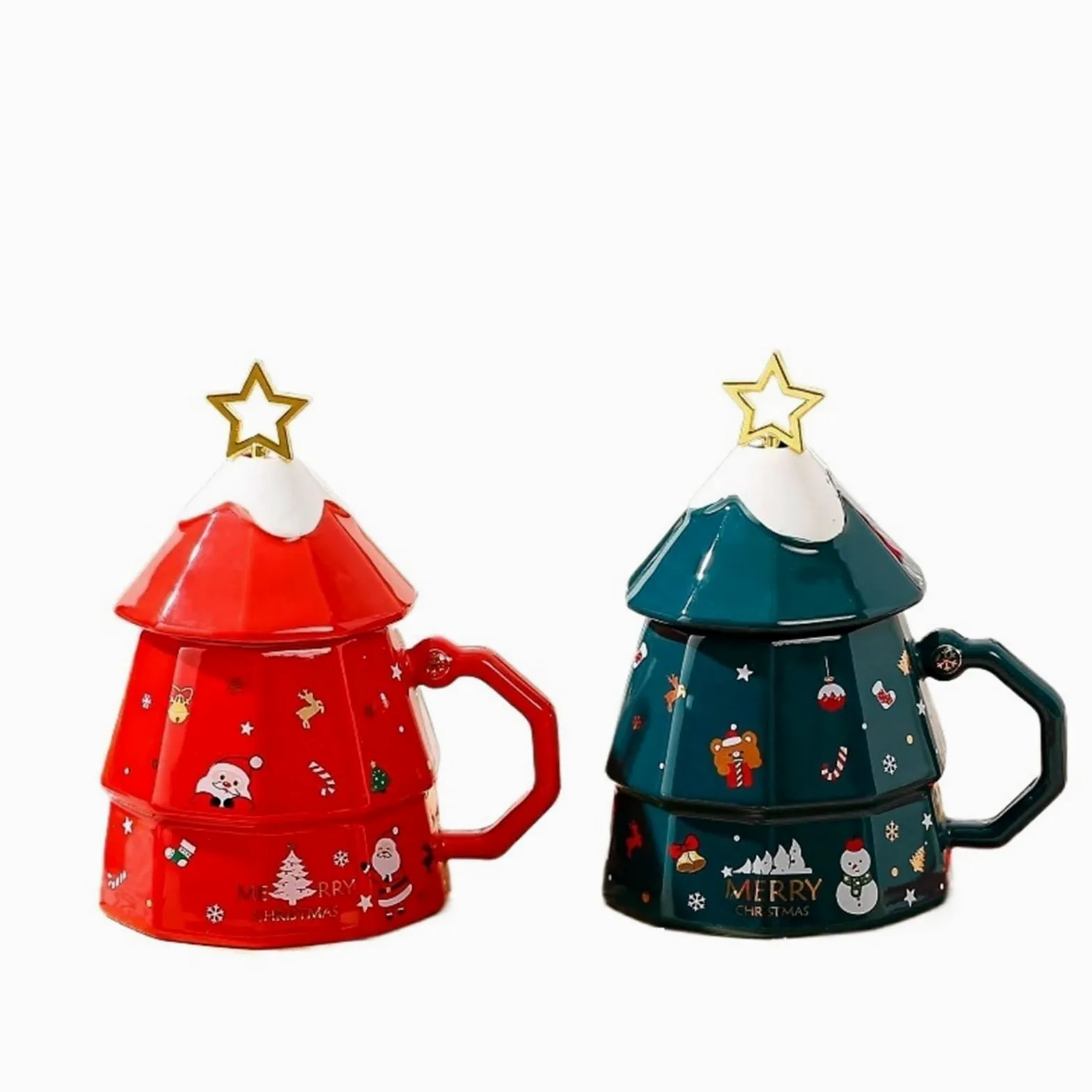 Taza de Navidad de 350ml, taza de café de alta capacidad con cuchara, decoración de ciervos, tapa for taza, desayuno de cerámica de dibujos animados, 2 uds. Para Boda
