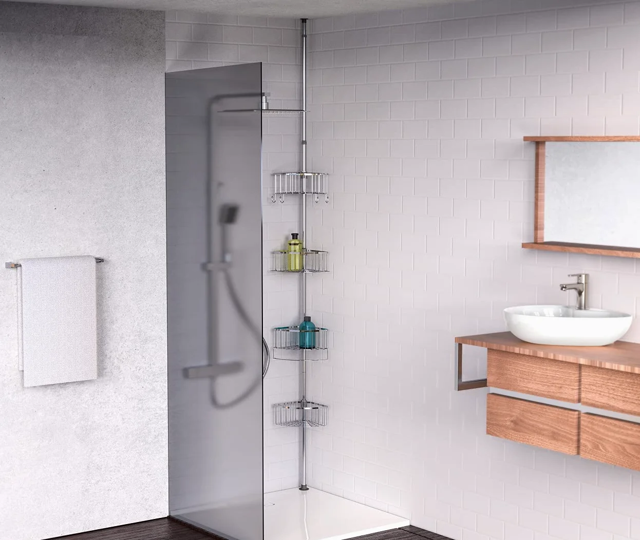 EISL Estantería telescópica para ducha con 4 cestas de ducha, sin agujeros, accesorios de baño, cesta de almacenamiento para baño, acero inoxidable