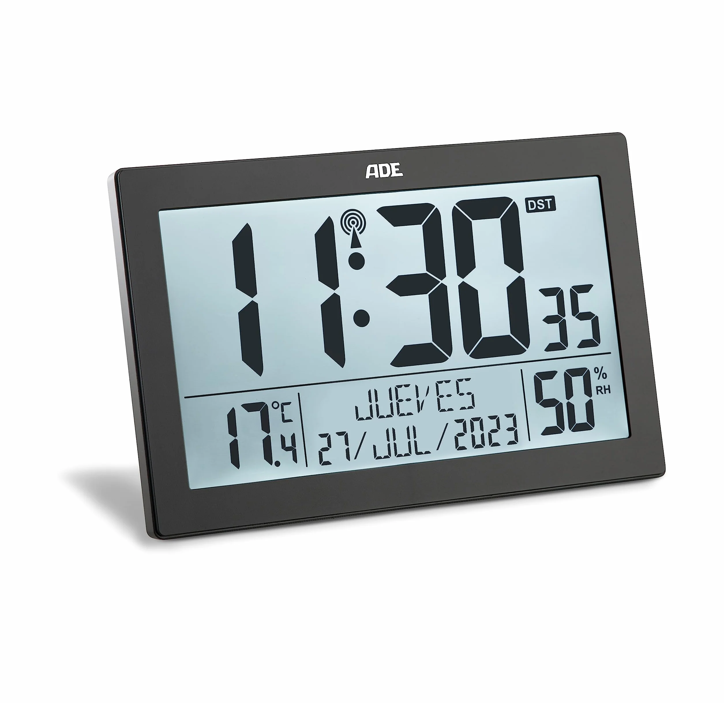 ADE Reloj meteorológico | Reloj Digital de Pared Grande | Despertador Inteligente con Temperatura y Humedad | Cocina, Salon, Dormitorio | radiocontrolado | con luz | para Mayores | con Pilas | Negro