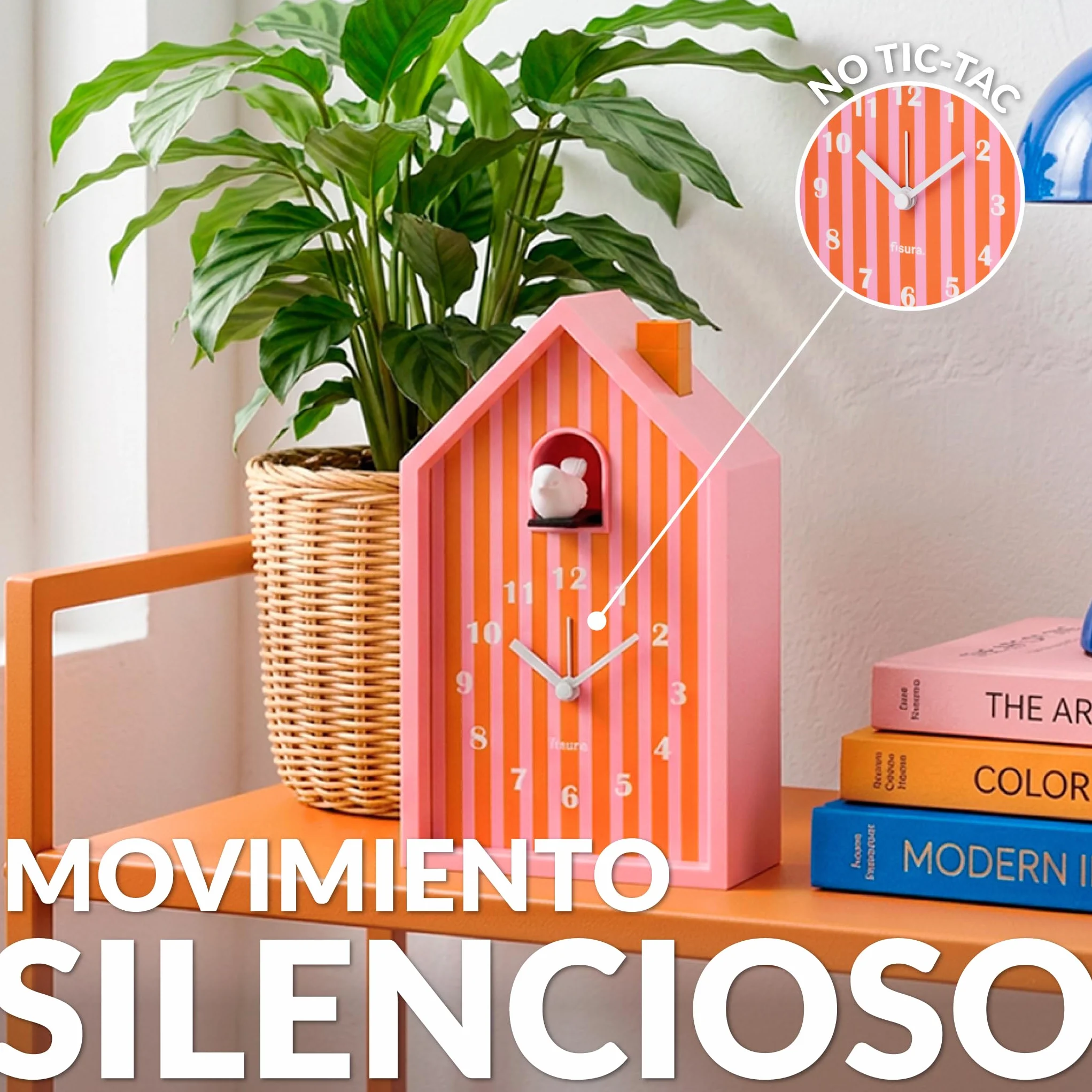 Fisura – Despertador Cuco casita “Rayas” Naranja y Rosa. Despertador analógico Original con Agujas. Botón de Snooze y luz. Regalo Original. 3 Pilas AA (no Incluidas)