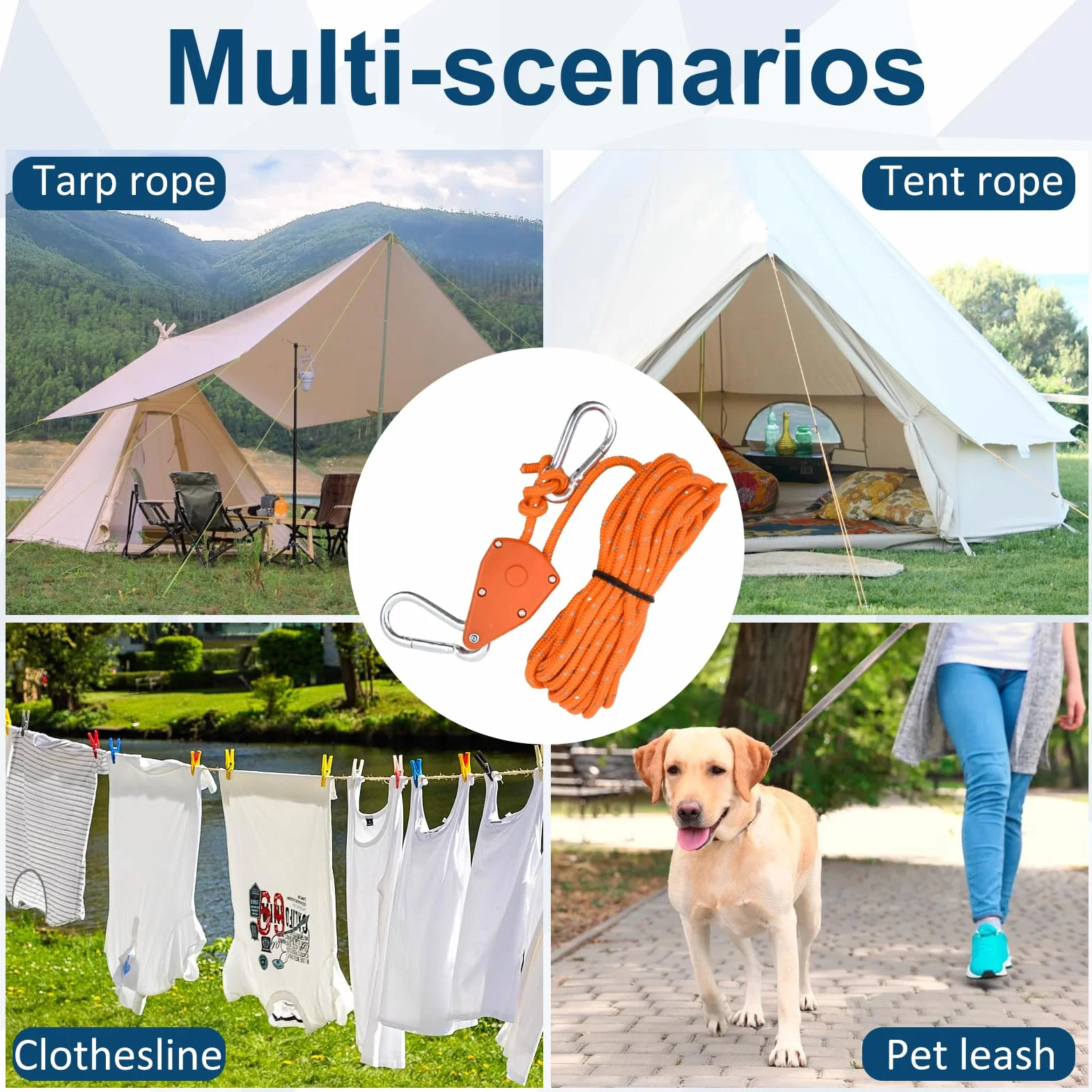 Cuerdas Reflectantes de Tienda 4mm Trinquete con Gancho 5M Campaña Tensor Paracord Nailon Ajustador Aluminio para Acampar Toldo Negro
