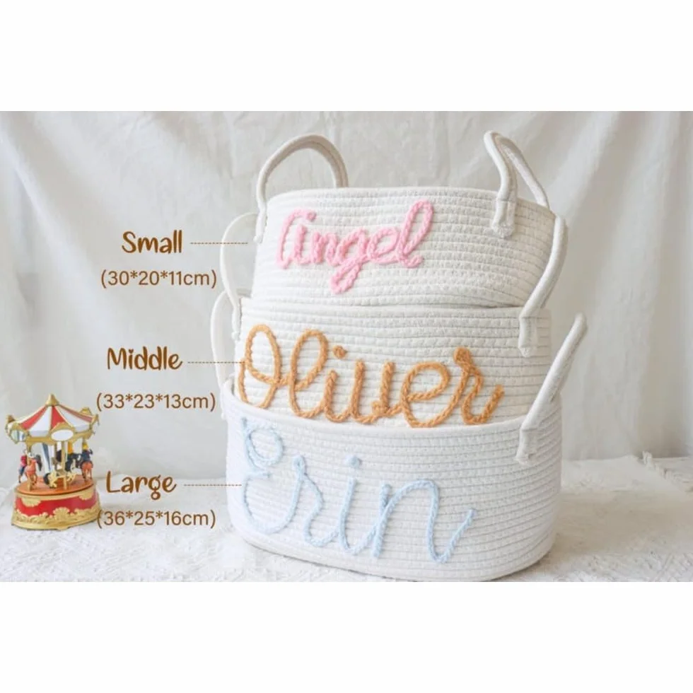 Cesta de almacenamiento personalizada cuerda algodón nombre bebé niño 40x24x15 cm
