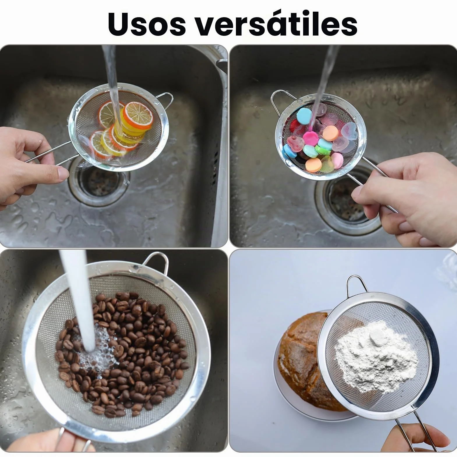 3 Piezas Coladores de Cocina Acero Inoxidable, Colador de Malla Fina con Manija, Tamiz de Harina para Alimentos, Vegetales, Harina y Pasta (8/12/16 cm)
