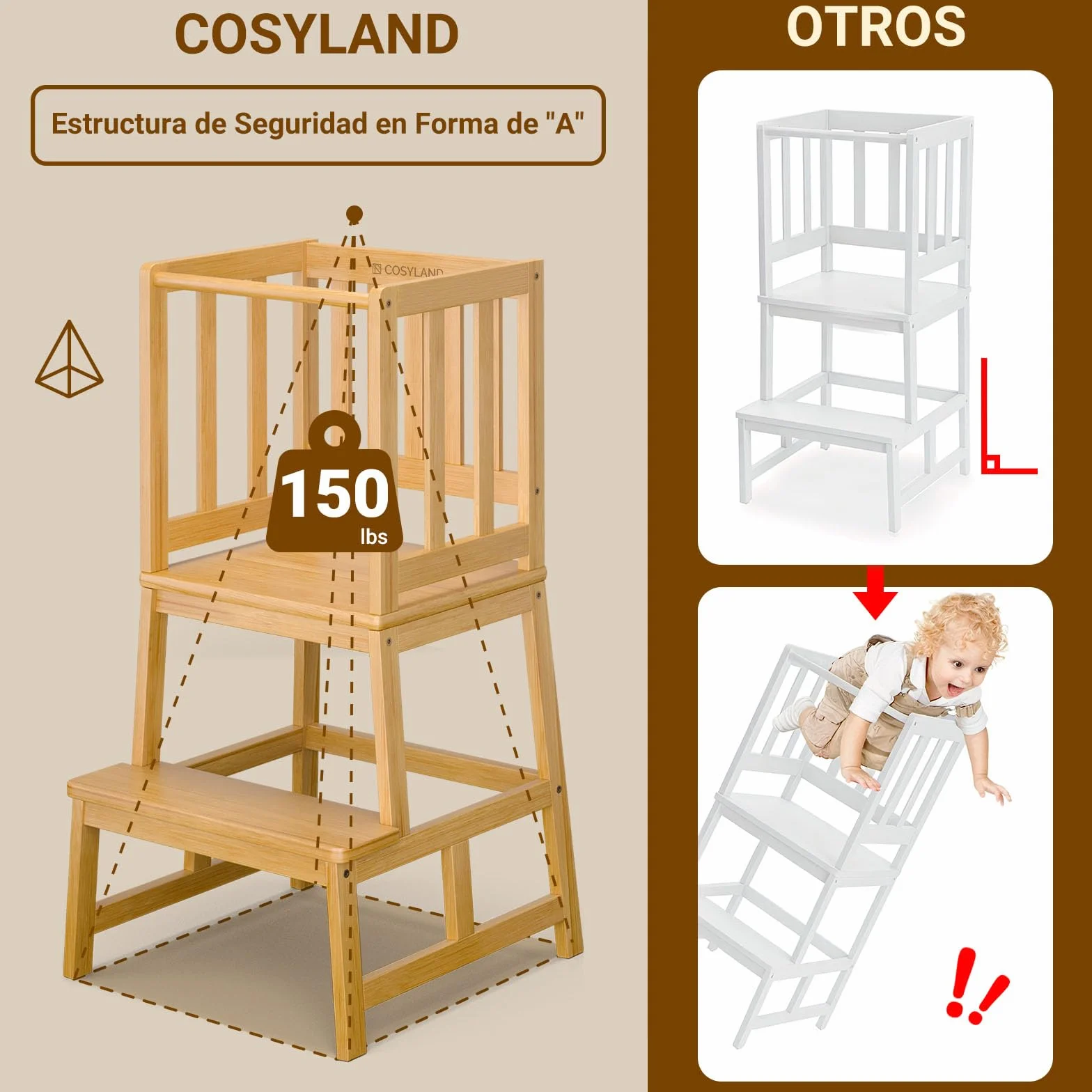 COSYLAND Torre de Aprendizaje Montessori Natural Bamboo 18 Meses Antivuelco