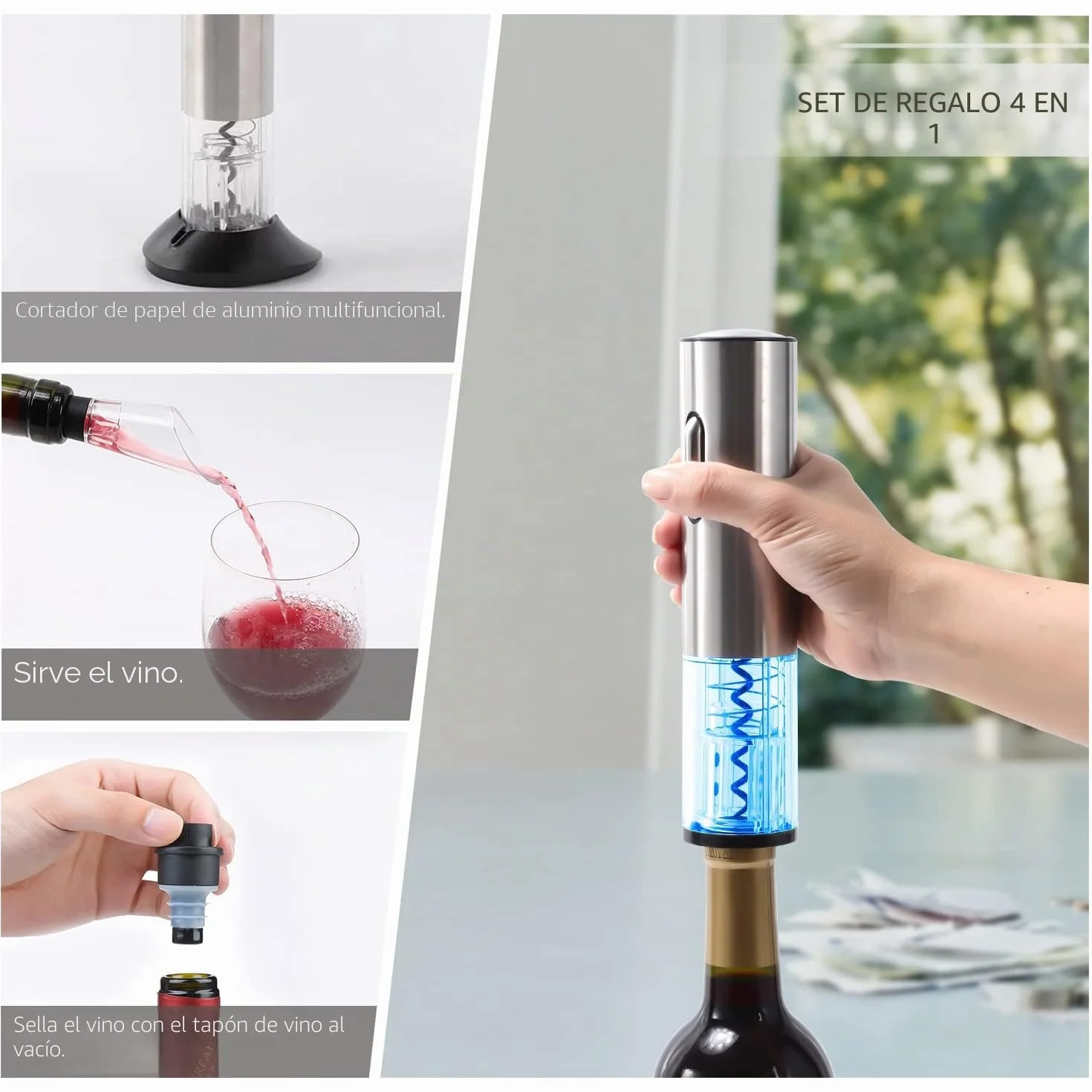 Sacacorchos Eléctrico, Abridor Botellas de Vino Profesional, Sacacorchos Eléctrico de Acero Inoxidable con Puerto de Carga USB, Cortador de Cápsulas, Tapón de Vacío y Vertedor