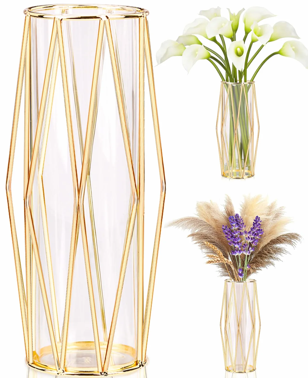 Jarrones Decorativos Modernos con Soporte Metálico Geométrico, Terrario Cristalino, Florero de Vidrio para Plantas Hidropónicas y Flores, Centro de Mesa para Bodas y Decoración de Interiores