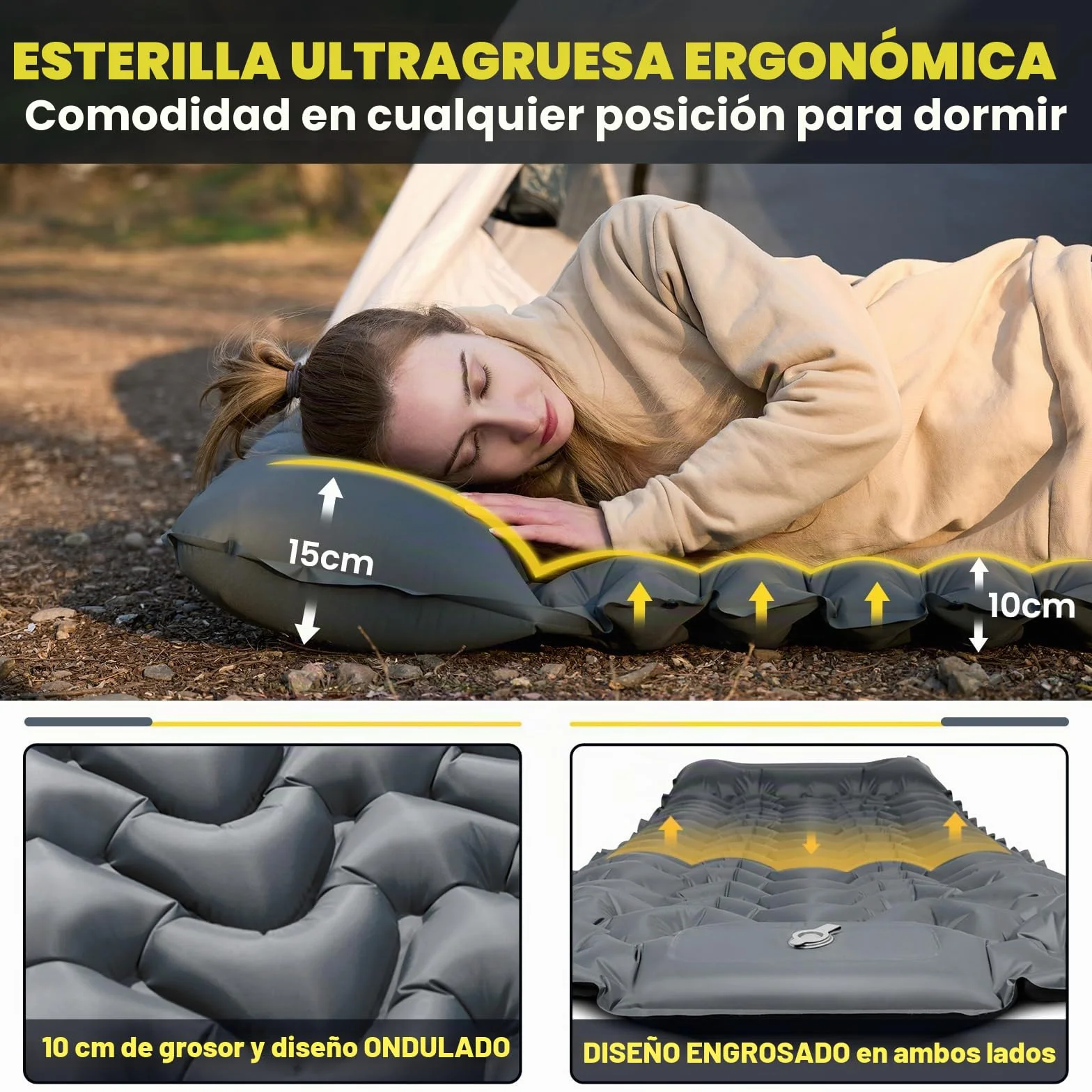 HIKENTURE Colchoneta isotérmica para camping 10 cm colchón de aire hinchable con bomba de pie