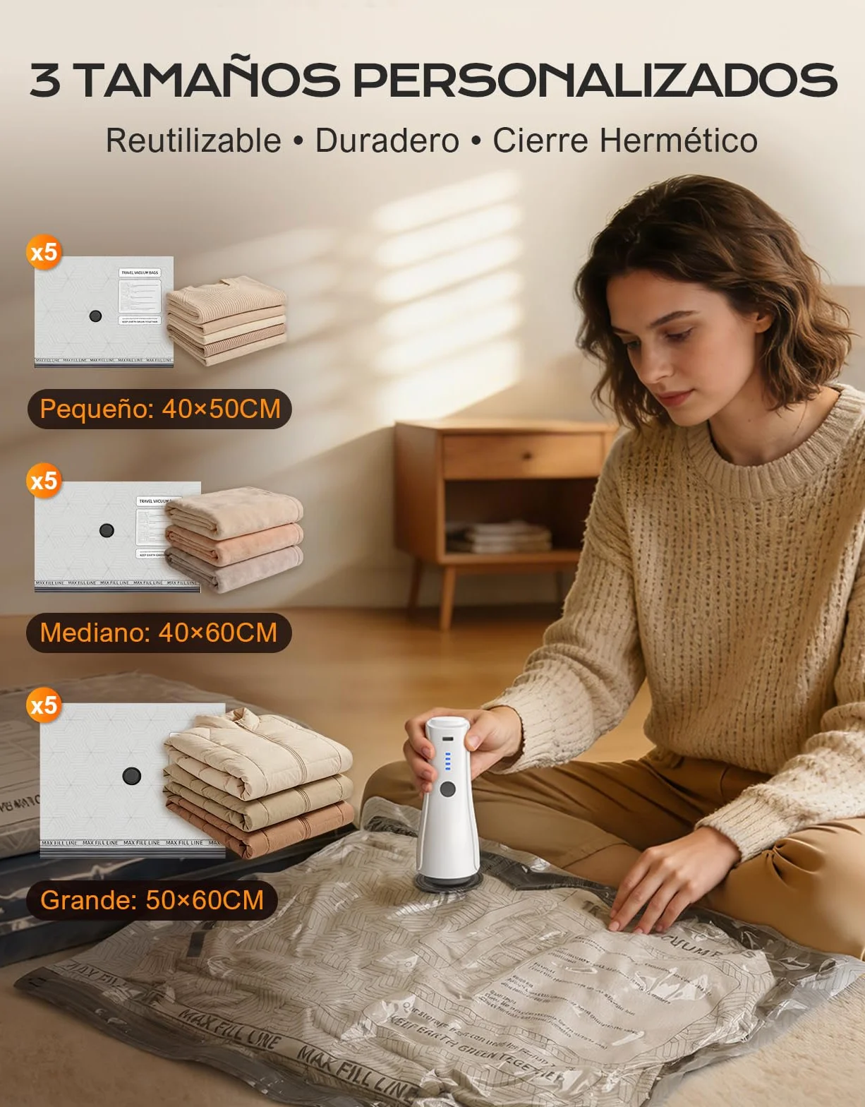 CIRYCASE 15 Piezas Bolsas Vacio Ropa con Bomba Eléctrica Recargable Inalámbrica [-5000PA de Succión], Bolsas Almacenaje Ropa Portátil para Viaje y Hogar, Saco de Vacio Reutilizable para Mantas y Ropa