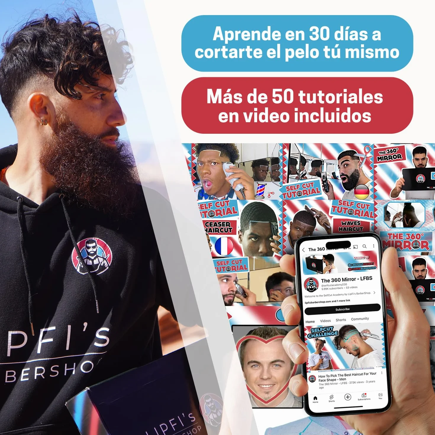 Espejo de 360 grados con Ganchos Telescópicos Ajustables para Cortes de Cabello para Hombres