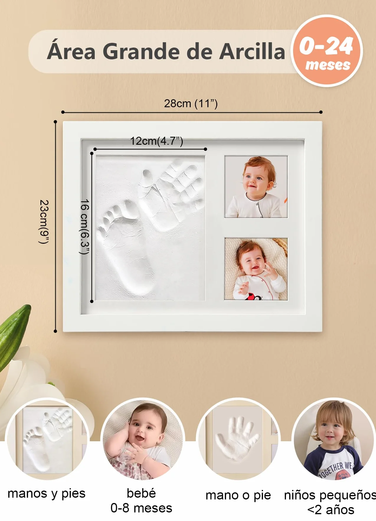 Kit de Huellas de Mano y Pie para Bebé, Arcilla Segura, Marco Personalizado, Regalo Baby Shower - Blanco