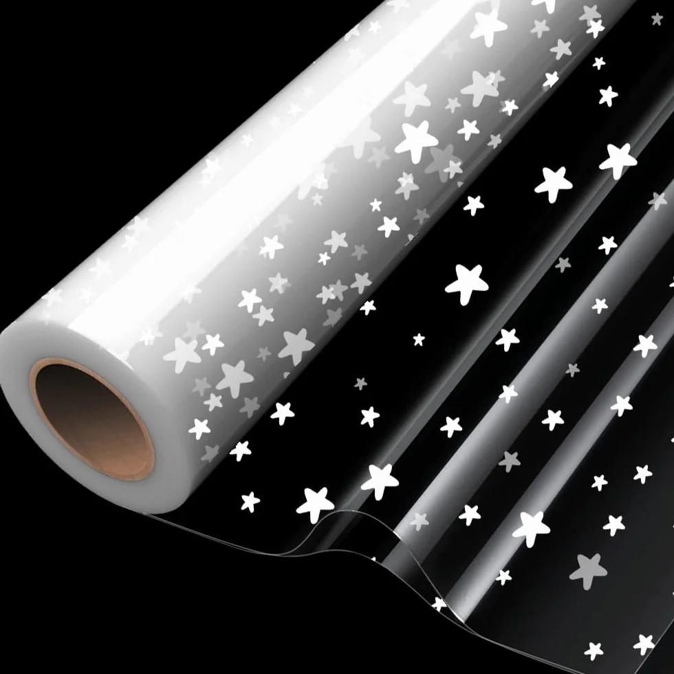 Rollo de embalaje de papel de vidrio plegable de doble capa de 20m × 84cm, Rollo de celofán transparente para envolver cestas, alimentos, regalos de cumpleaños, flores y manualidades (estrella)