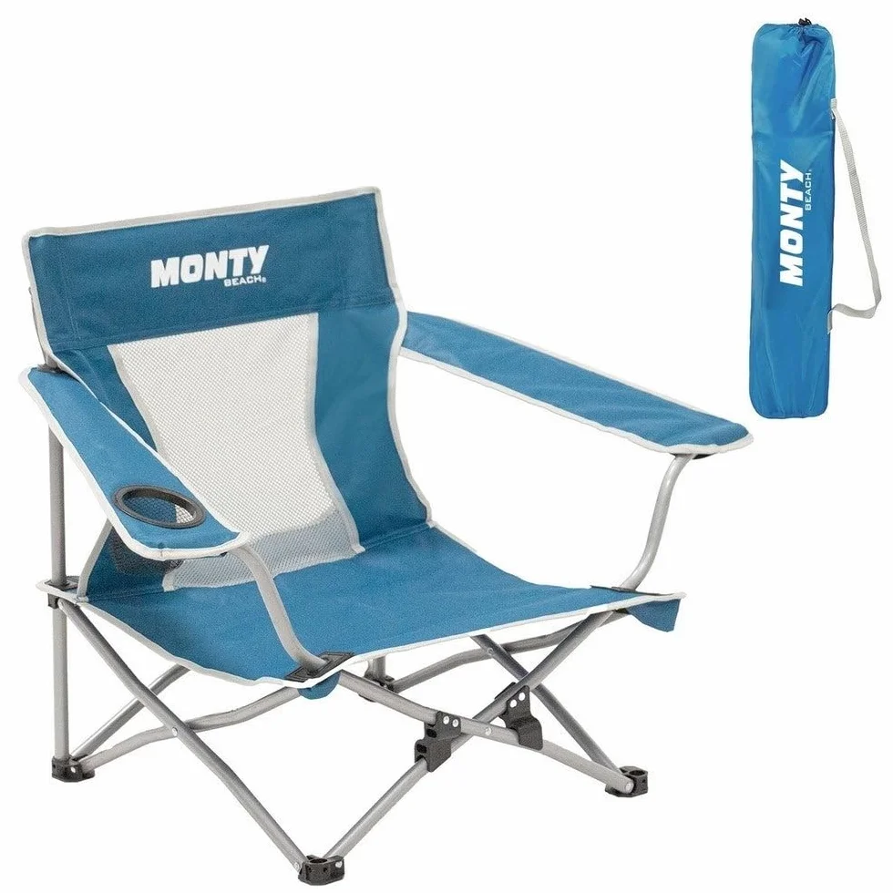 Silla playa y camping plegable cierre tijera acero pintura Epoxi anticorrosión tejido Oxford 600 D azul respaldo malla transpirable portavasos bolsa transporte reposabrazos