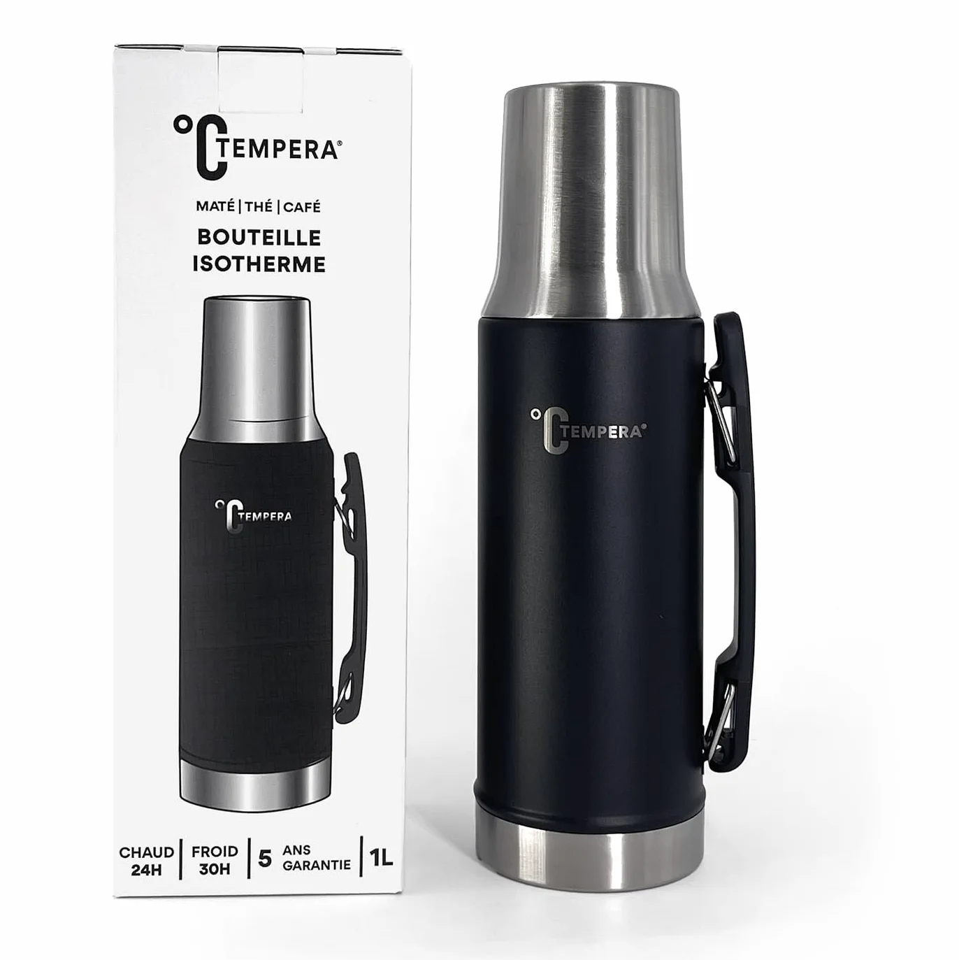 TEMPERA Termo para mate - 1L | Doble pared de acero inoxidable, sin BPA | Calabaza/Taza integrada de 240 ml | Mantiene el calor 24h, el frío 30h | Vertedor de precisión con gatillo | Mate - Té - Café