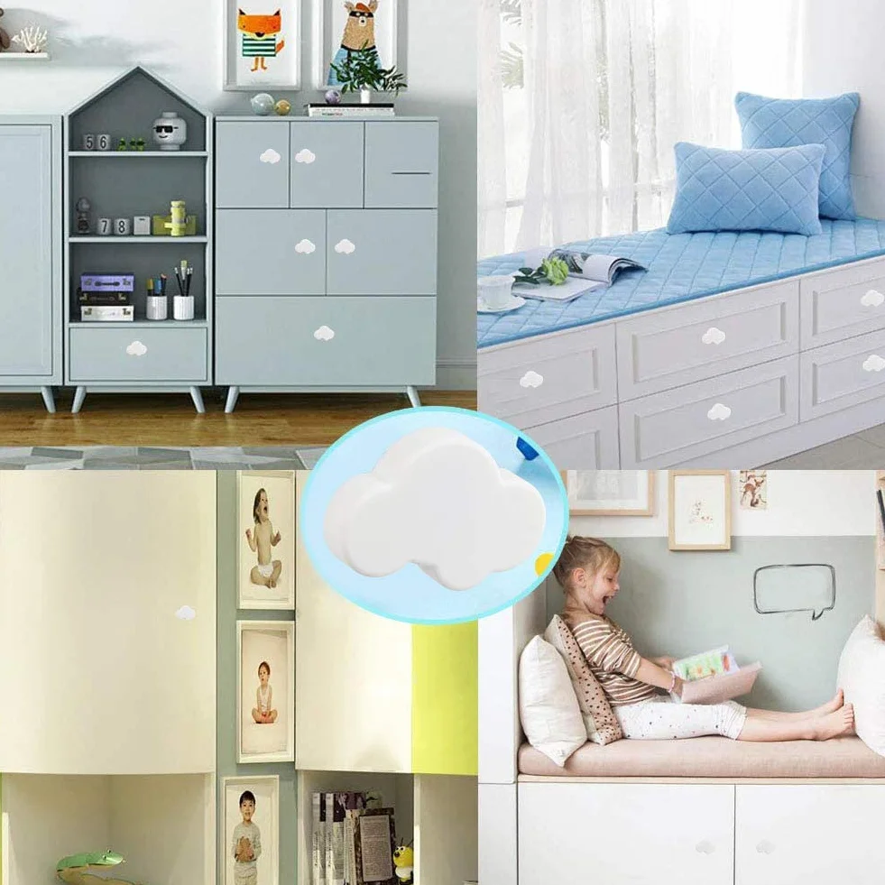 Pomos de goma suave, 10 pomos de gabinete con forma de nube de dibujos animados, bonitos pomos de cajón para niños, para armarios, puertas, aparadores, armarios de cocina (blanco)