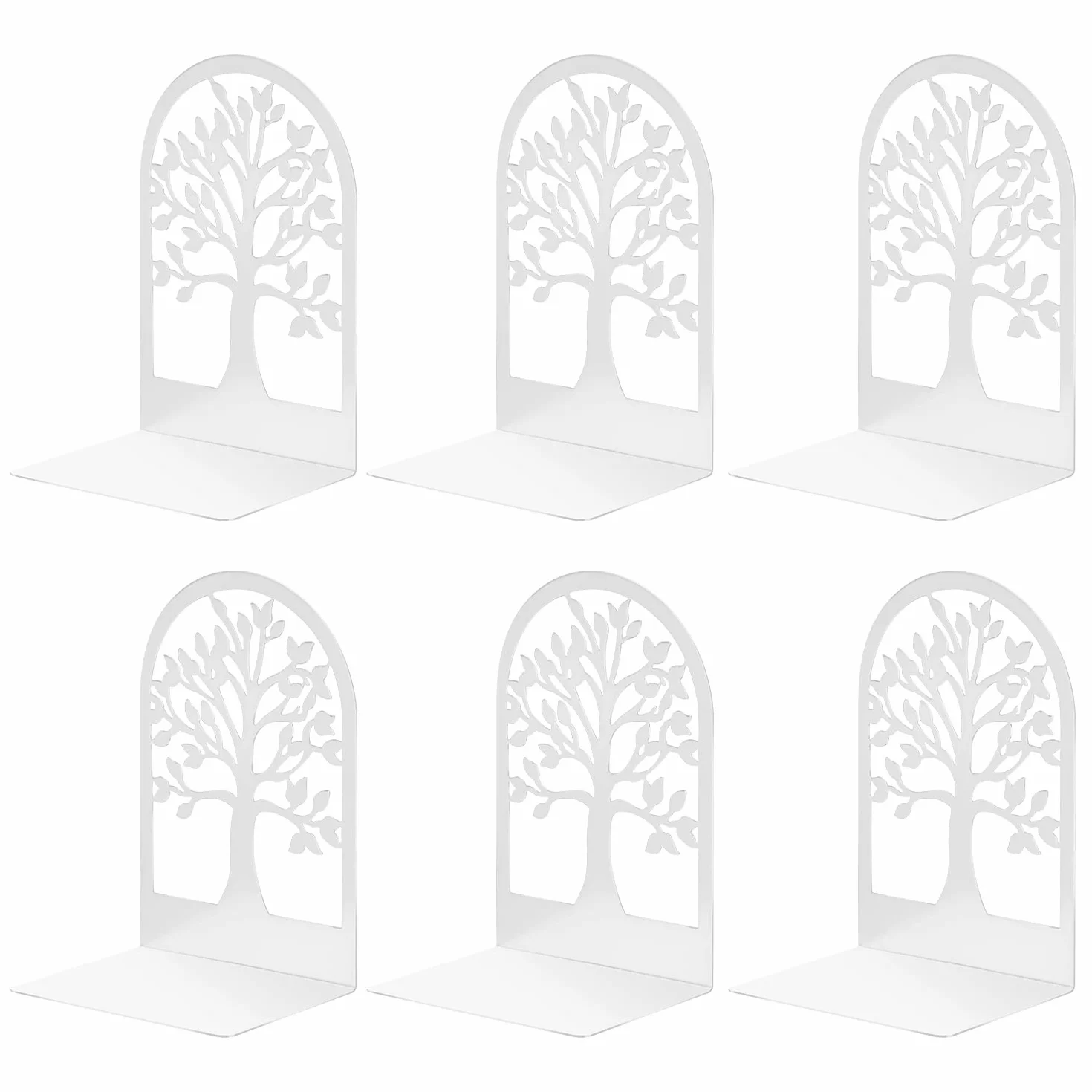 MSDADA 3 Pares de Sujetalibros de Metal para Niños, Diseño de árbol de la Suerte, Antideslizante Estantería para Oficina y Escuela Decoración Día del Niño Regalo (Blanco)