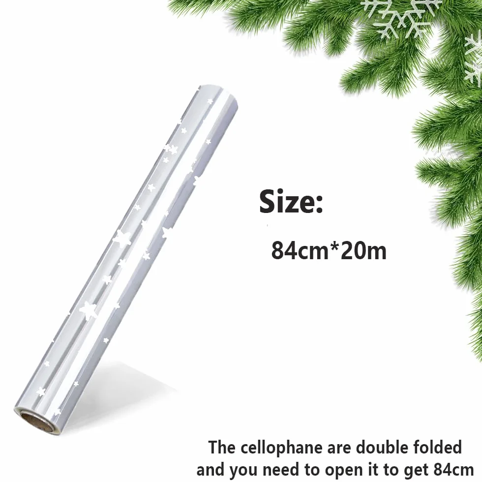 Rollo de embalaje de papel de vidrio plegable de doble capa de 20m × 84cm, Rollo de celofán transparente para envolver cestas, alimentos, regalos de cumpleaños, flores y manualidades (estrella)
