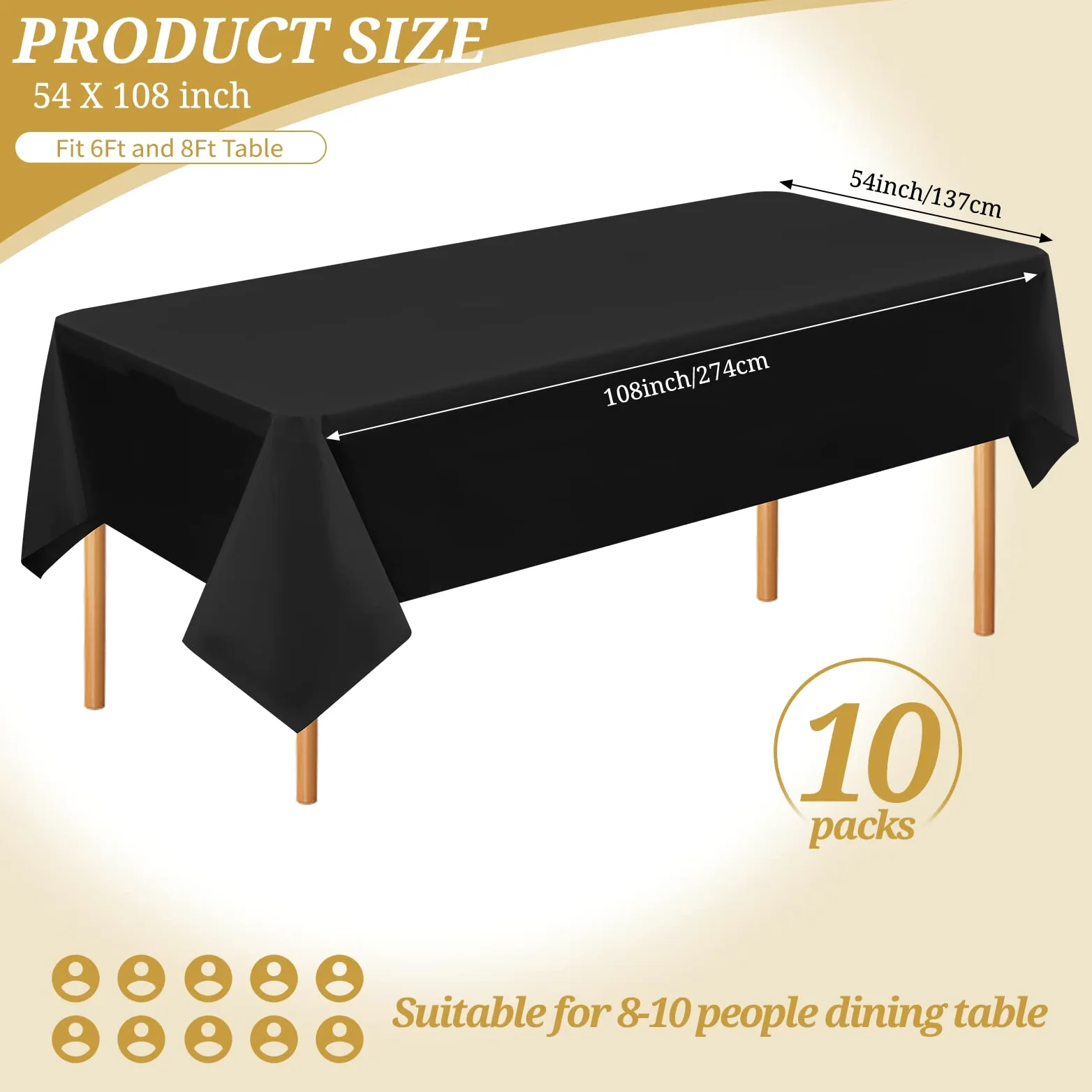 10 paquetes de manteles desechables de plástico negro para mesa rectangular de 137 cm x 274 cm, manteles premium para fiestas en interiores o exteriores, cumpleaños, bodas, picnics, decoración.