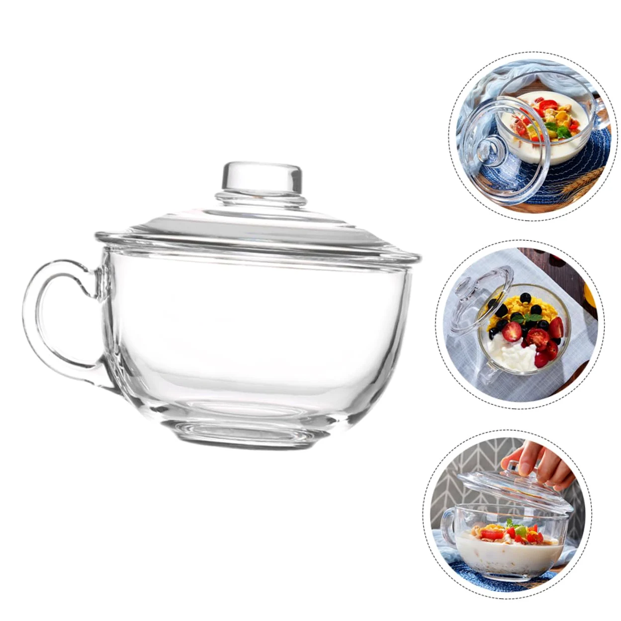 Homoyoyo Bol de Cristal Transparente de 600 Ml con Tapa y Asa Bol para Desayuno Leche Avena Ensalada y Postres Recipiente Multifuncional para Uso Doméstico