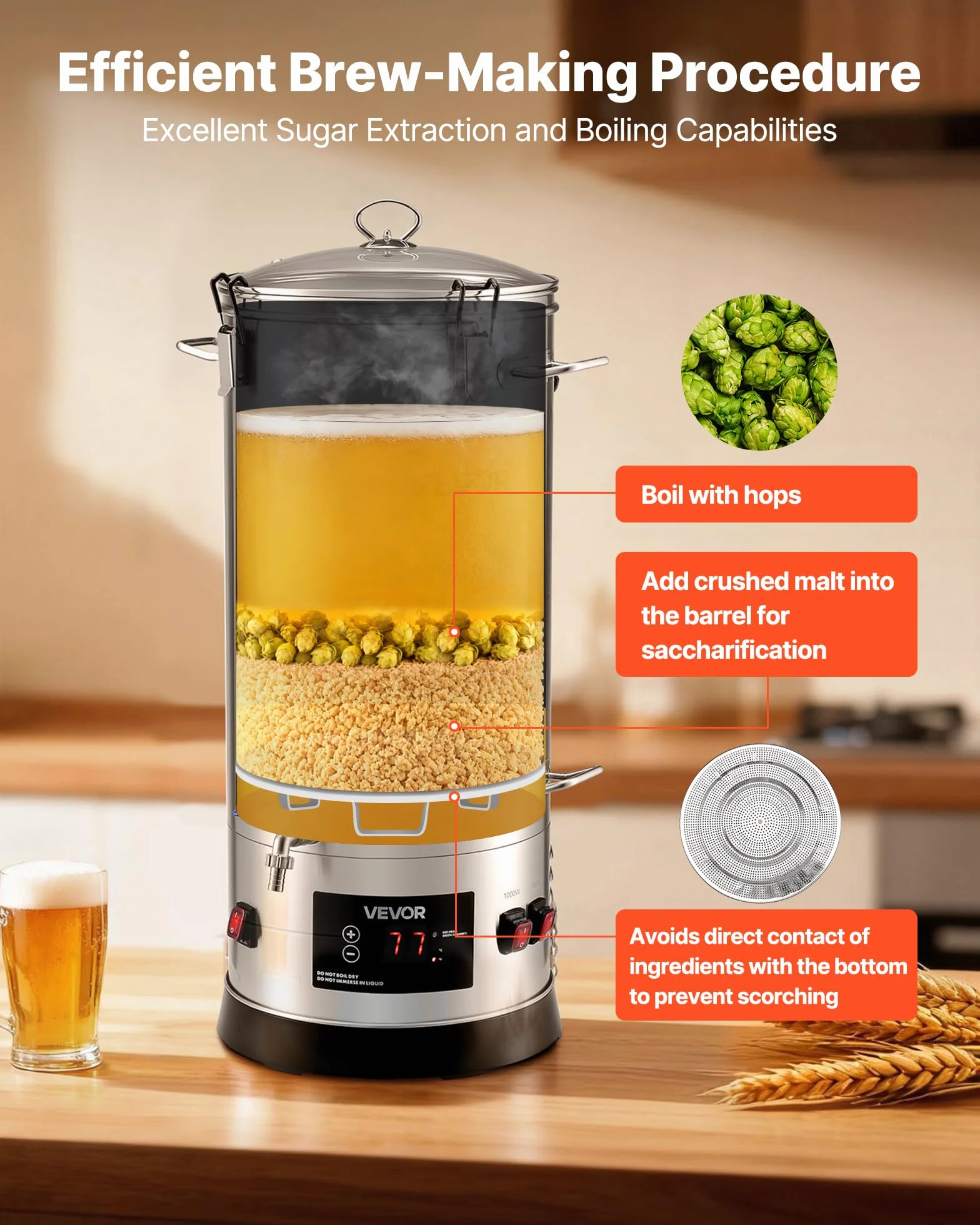 VEVOR Sistema Eléctrico de Elaboración de Cerveza, Olla de Cocción de 30 L, Carcasa de Acero Inoxidable 304, Macerador con Barril Interior Integrado, Asa y Grifo Reforzados, 420 x 325 x 720 mm