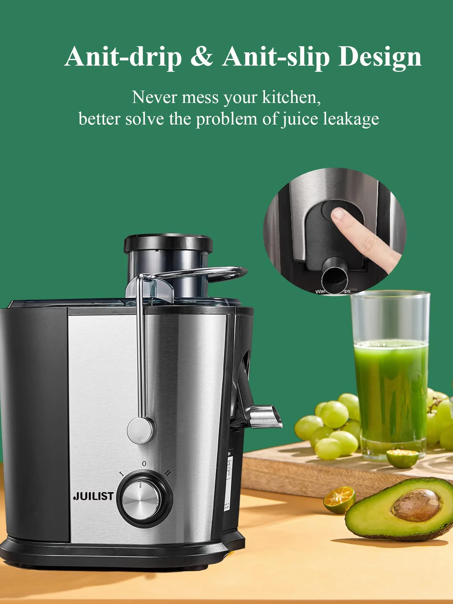 JUILIST Licuadoras Para Verduras y Frutas, 600W Licuadora de Acero Inoxidable, Diseño Nongoteo, Fácil de Limpiar, 2 Modos de Velocidad, 65MM de Boca Ancha, Pies Nondeslizantes