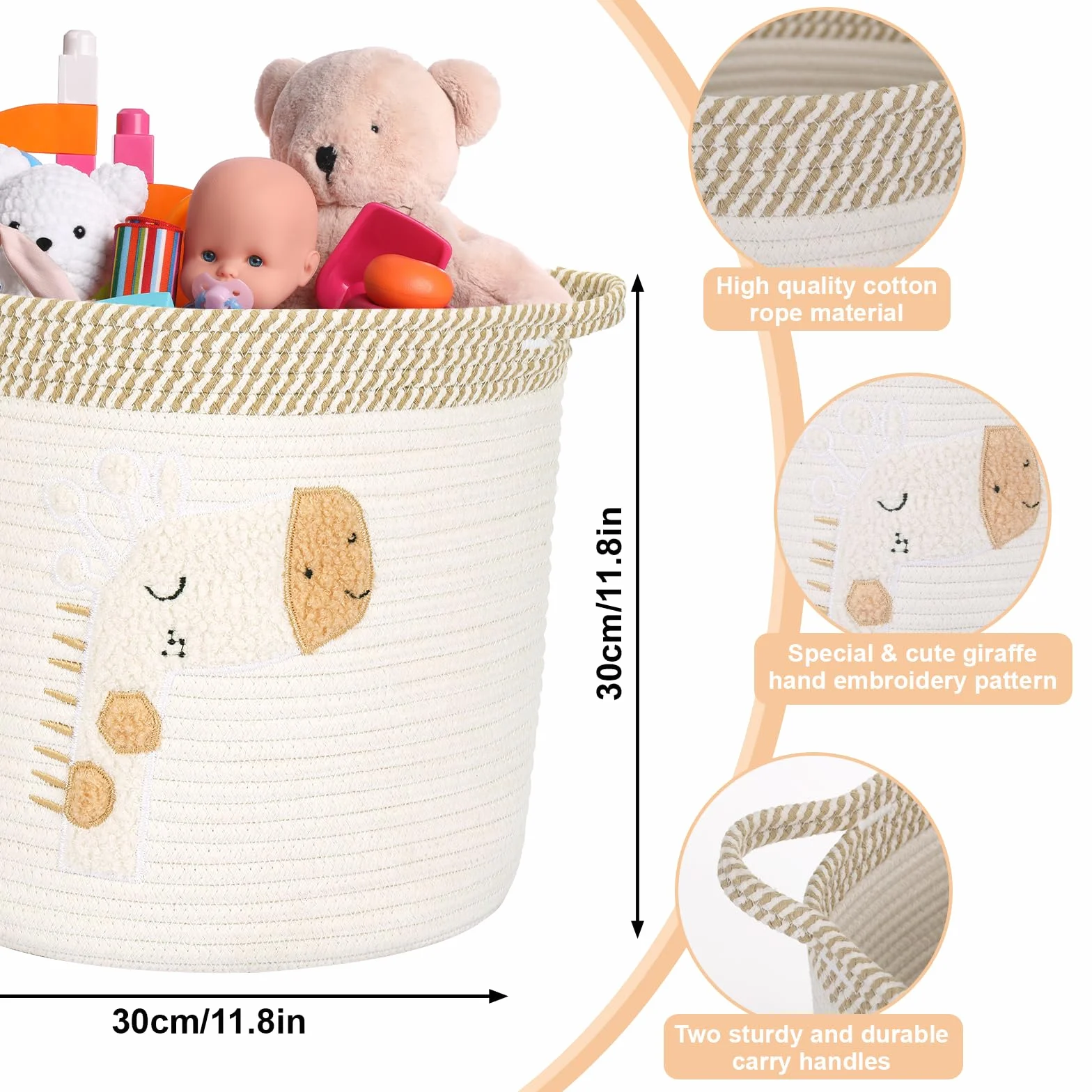 Cesta de Cuerda de Algodón Infantil Almacenamiento Juguetes con Asa Beige Jirafa 30x30cm