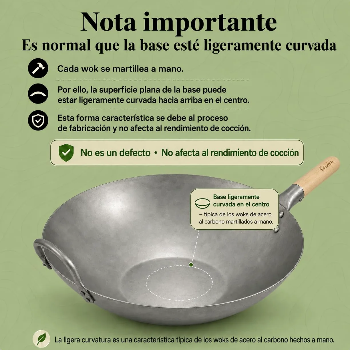 Homira Wok de Acero al Carbono de 36 cm, Martillado a Mano, Fondo Plano y Mango de Madera – Sartén Wok Tradicional sin PFAS para Inducción, Gas, Vitrocerámica, Barbacoa y Exterior (Fondo Plano)