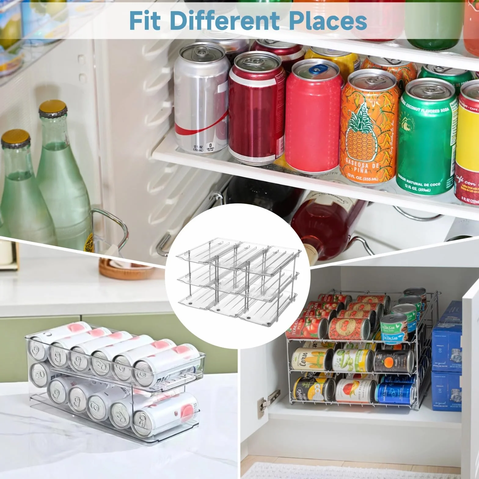 Soporte para latas, configuración modular flexible, estante de almacenamiento transparente de 3 niveles, dispensador de latas transparente, fácil instalación, organizador apilable de latas de cerveza
