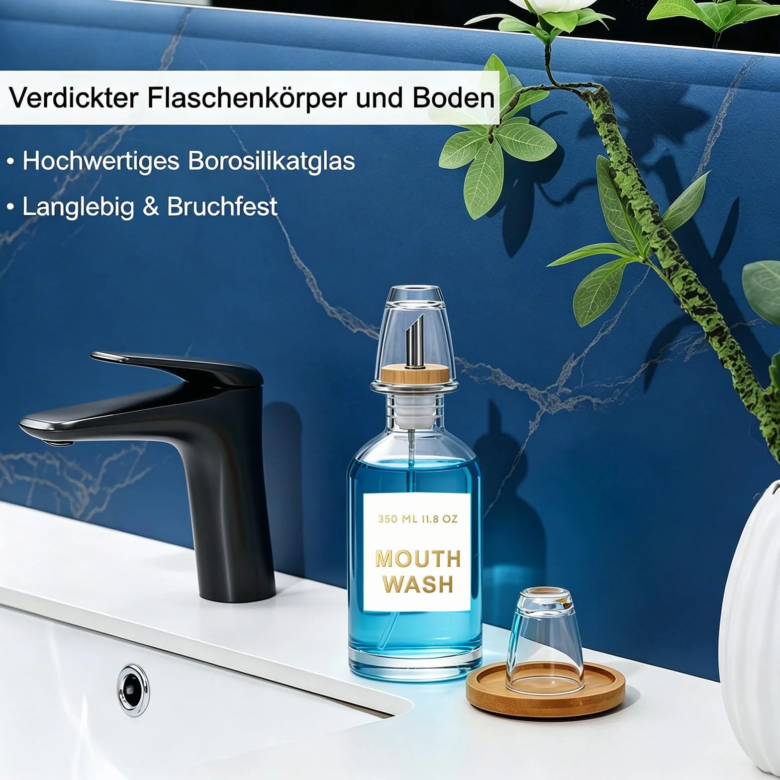 Dispensador de enjuague bucal de 350 ml, dispensador de vasos con bandeja de bambú, embudo de acero inoxidable, pegatinas, vaso de cristal, para baño, manual, antigoteo, vidrio de calcio de