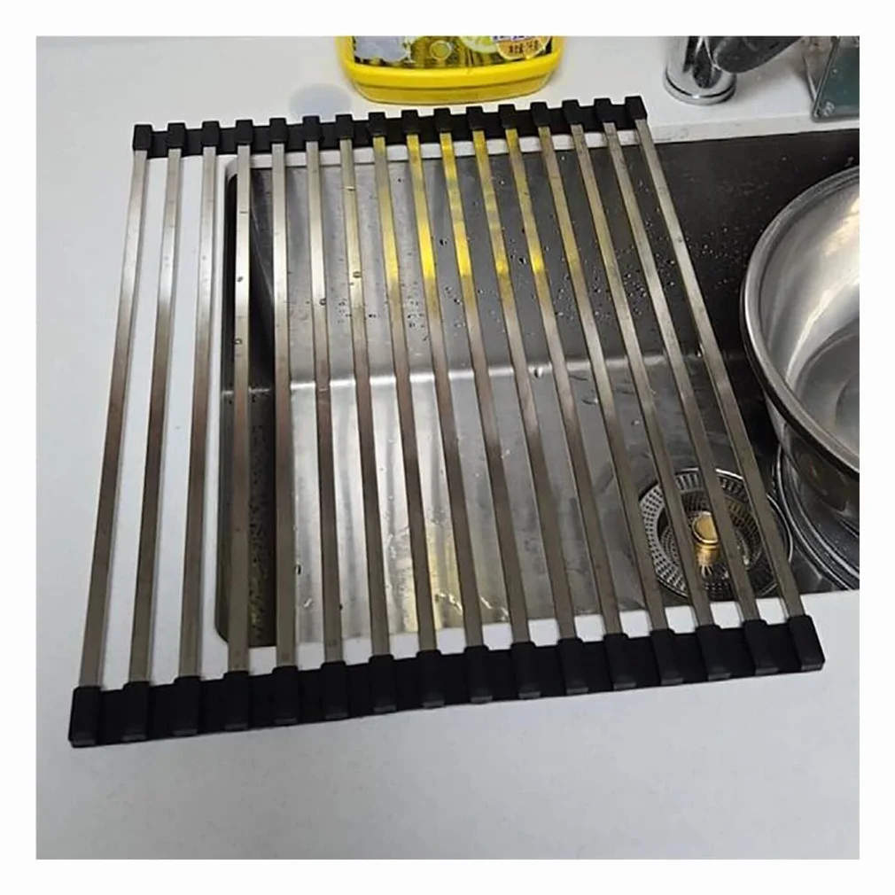 Escurridor de Platos Enrollable for Fregadero de 32 a 60 cm, de Acero Inoxidable, Plegable, Antideslizante, de Silicona, for encimera.(L 48cm/18.9in)