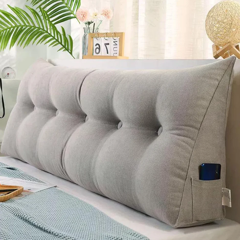 Cojín triangular de cuña para apoyo lumbar, almohada para respaldo de cintura con cabecera extraíble y cojín de posicionamiento suave para sofá cama, color gris (150 x 50 x 20 cm)
