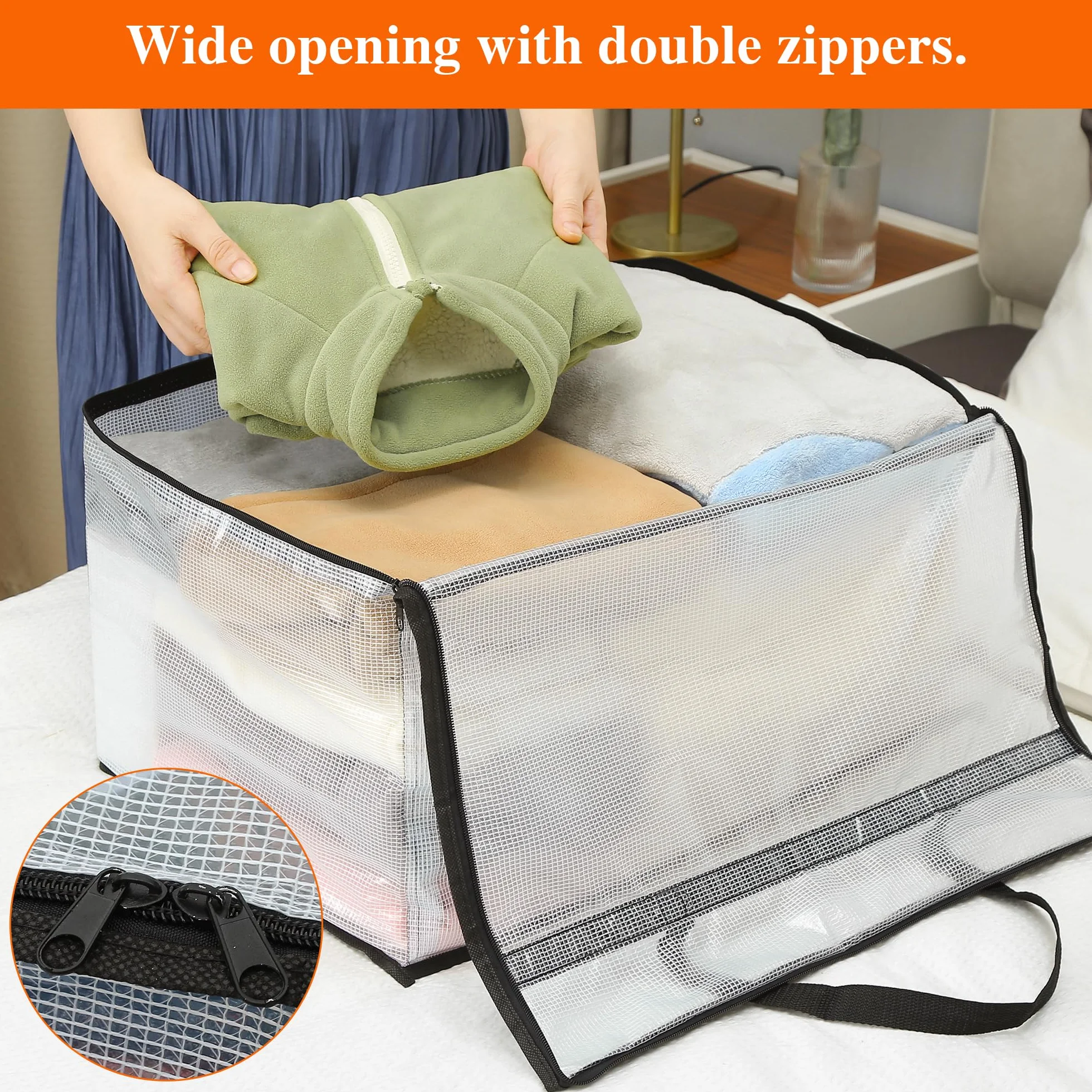 Vieshful 3 Piezas 60L Bolsas de Almacenaje Transparentes con Cremallera y Asas, Bolsas Plásticas para Edredones, Mantas, Ropa de Bebé, Mudanza y Almacenaje Bajo la Cama