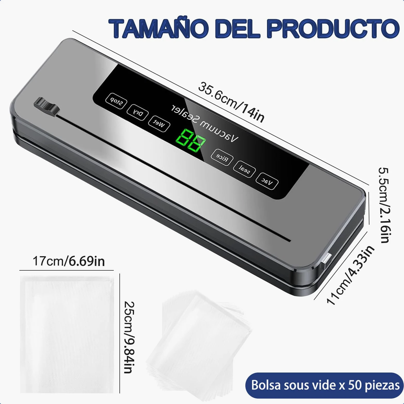 Máquina Selladora al Vacío de Alimentos, con 50 Bolsas de Vacío, Dispositivo de Envasadora al Vacio Multifuncional 5 en 1, con Modo húmedo y Seco Para Almacenar Frutas, Verduras, pan, Carne