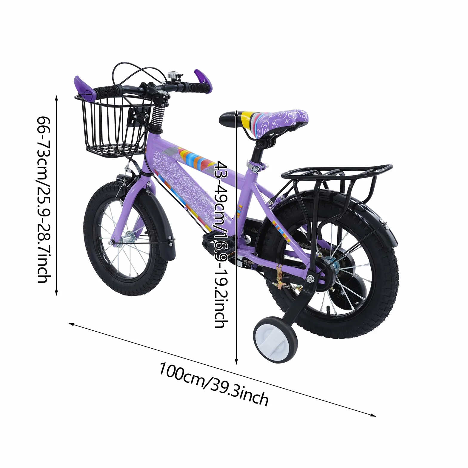 Bicicleta infantil 14 pulgadas con asiento trasero y cesta, ruedas estabilizadoras, altura regulable, acero resistente