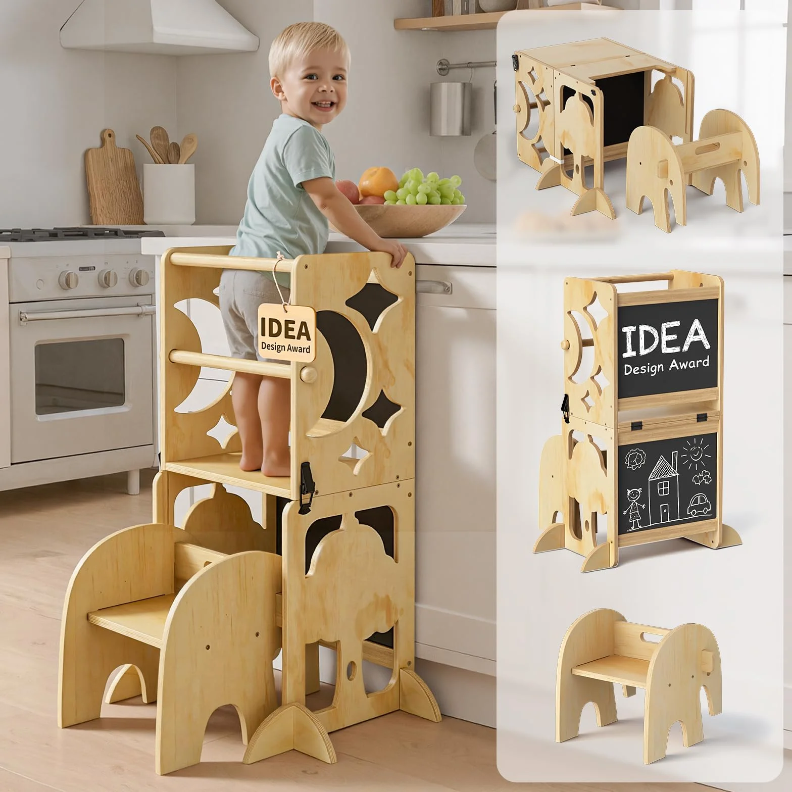 COSYLAND Torre de Aprendizaje Infantil 4 en 1 con Barandilla de Seguridad, Plegable, Doble Pizarra, Natural