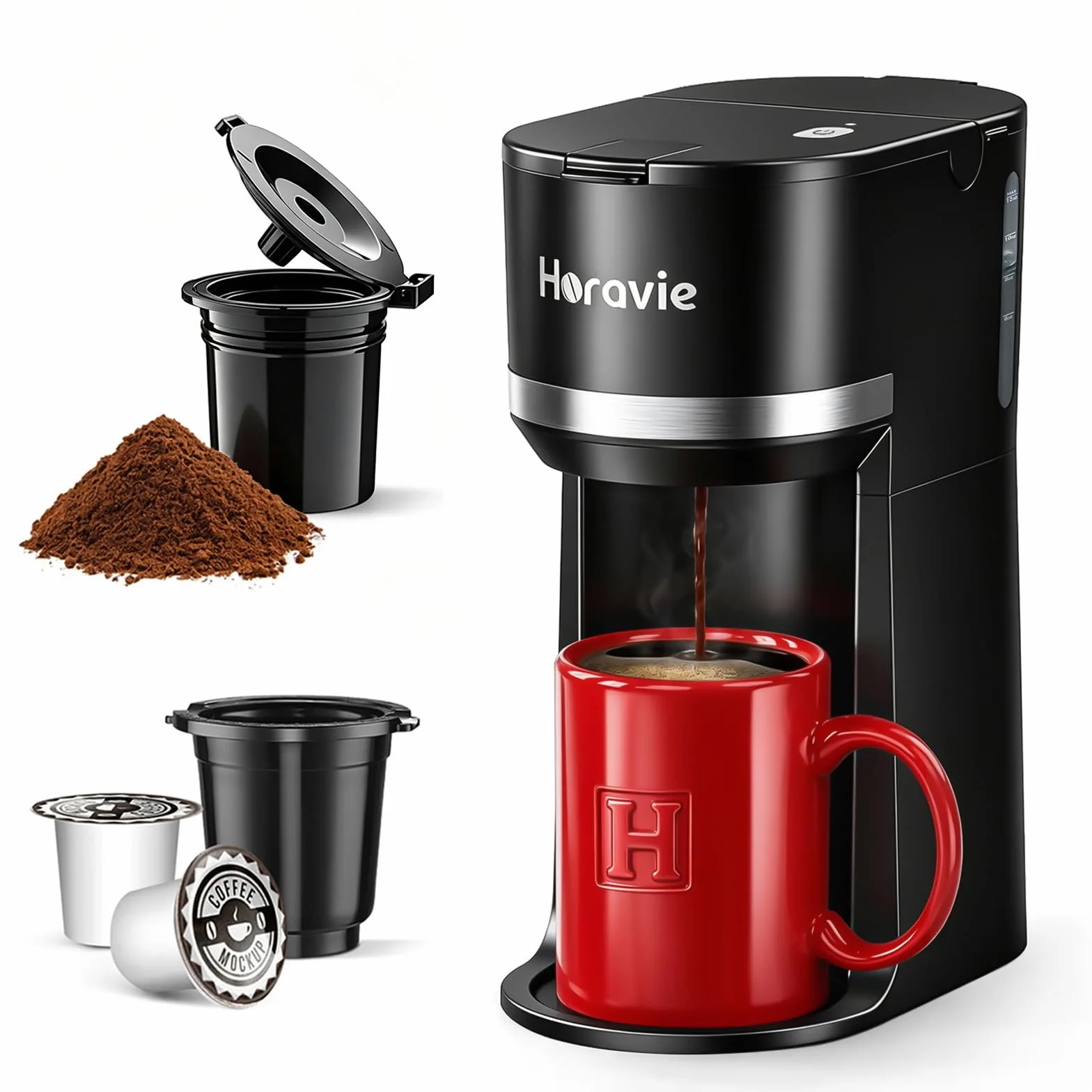 Horavie Mini cafetera de una sola porción para taza K y café molido, máquina de café de una taza de cerveza rápida con recordatorio de descalcificación y ventana de agua, 6 a 12 onzas, tamaños de