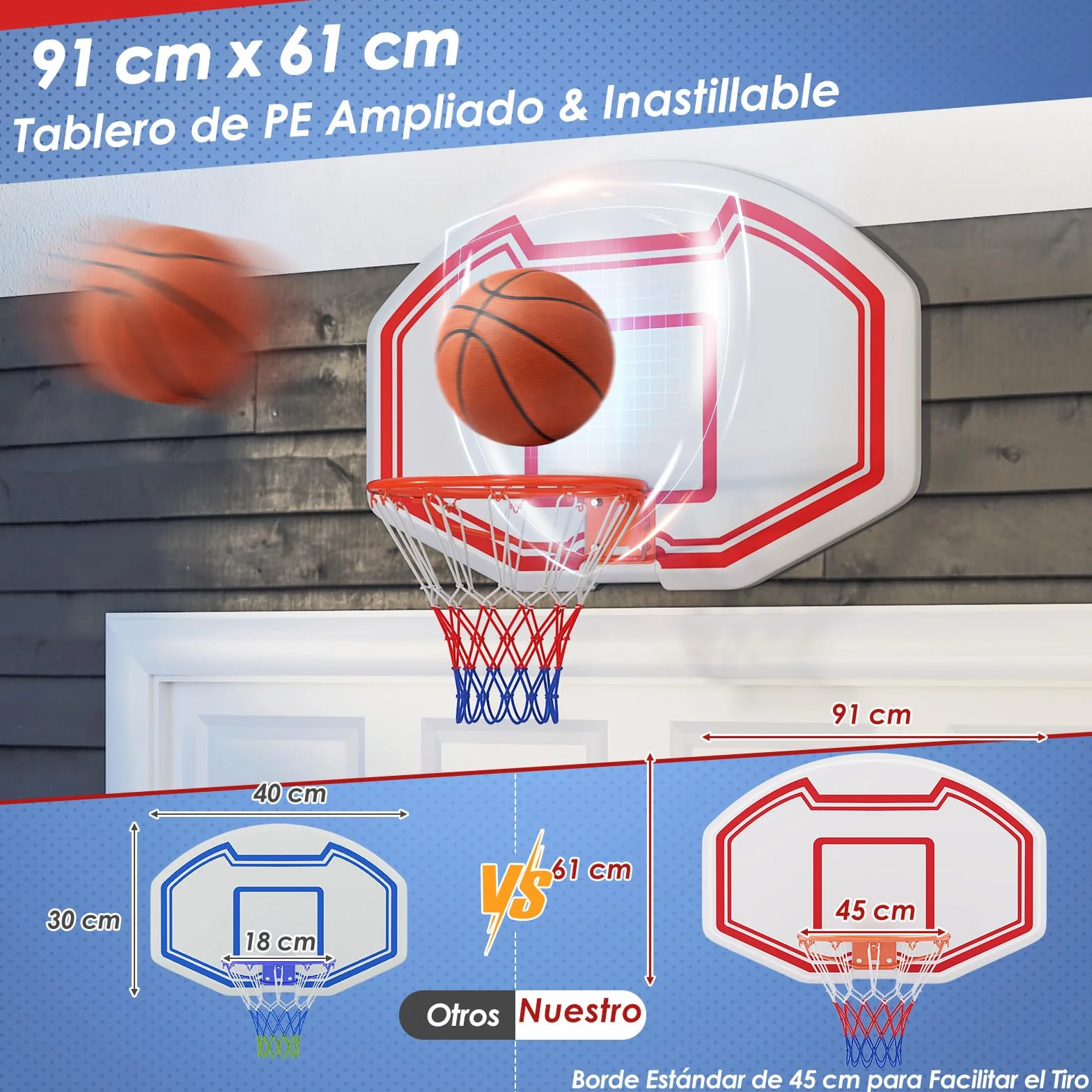 GOPLUS Canasta de Baloncesto de Montaje en Pared, Tablero de PE 91x61 cm, Aro Estándar de 45 cm