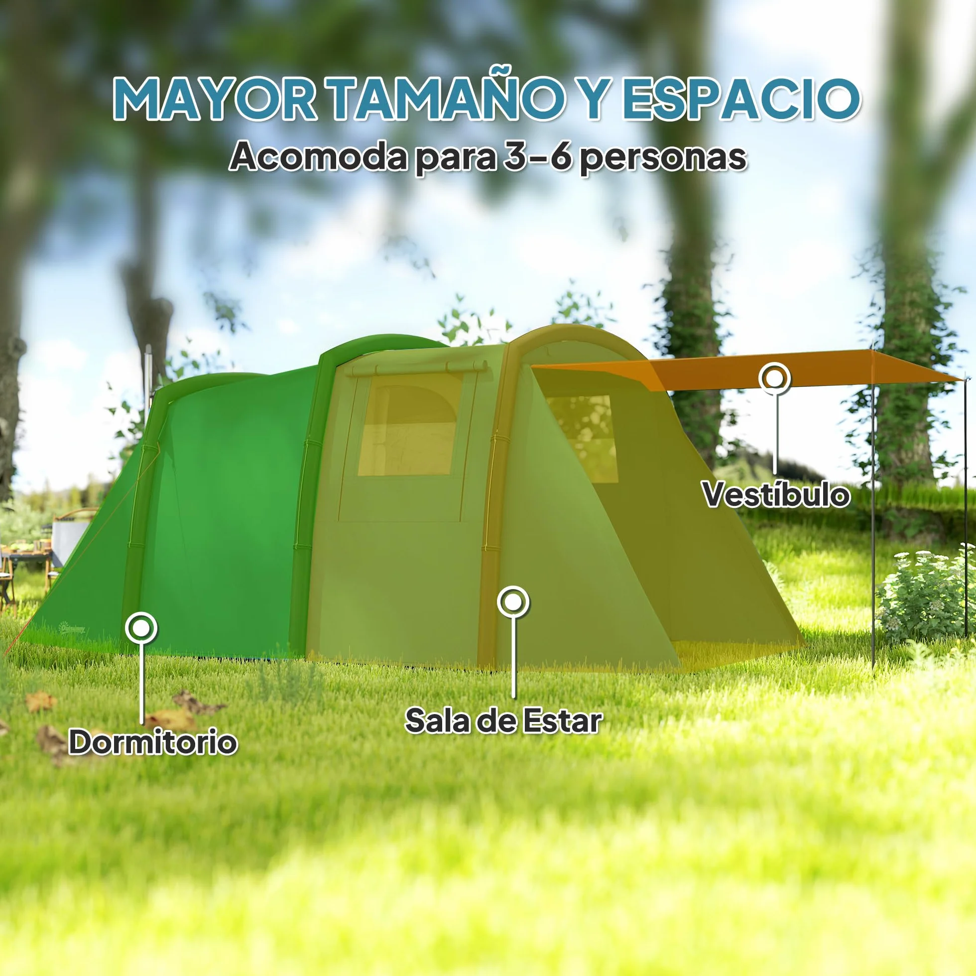 Outsunny Tienda de Campaña Inflable Familiar Tipo Túnel 3-6 Personas Glamping con Vestíbulo Protección UV 50+ Impermeable