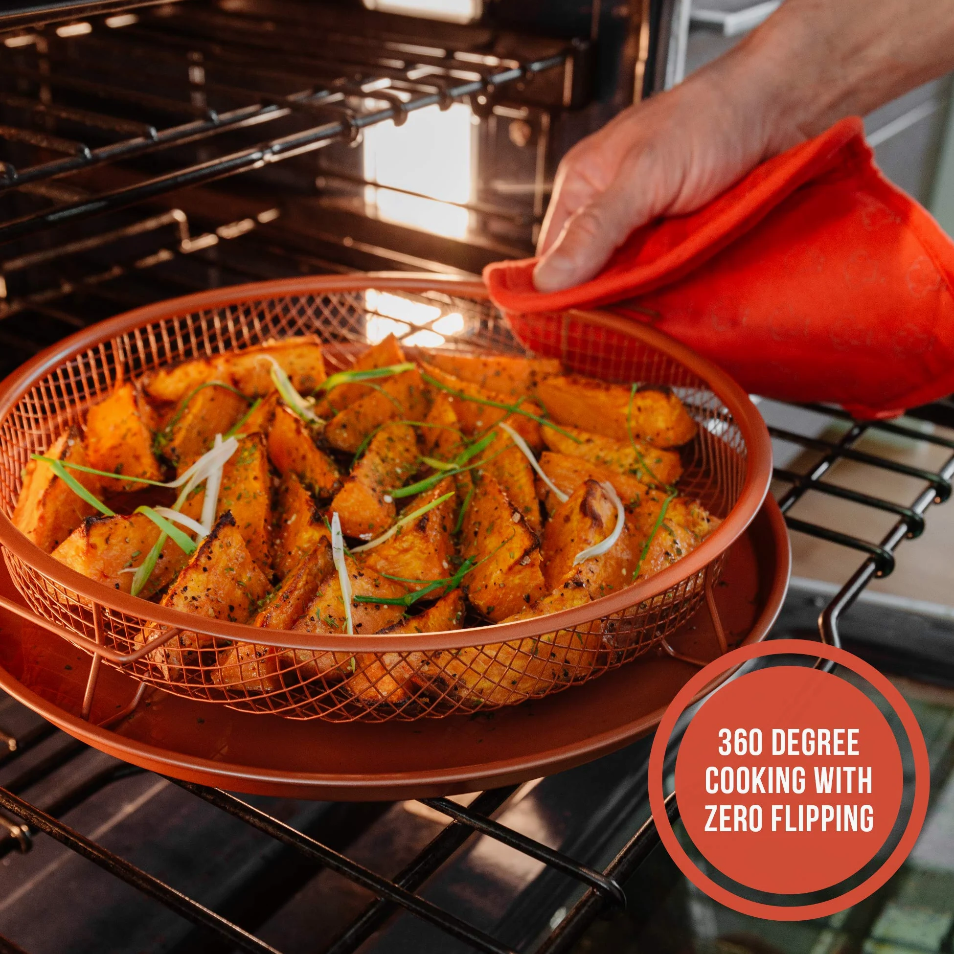 Chef Pomodoro Bandeja de cobre crujiente, freír aire de lujo en tu horno, juego de 2 piezas, bandeja para hornear (redonda - grande)